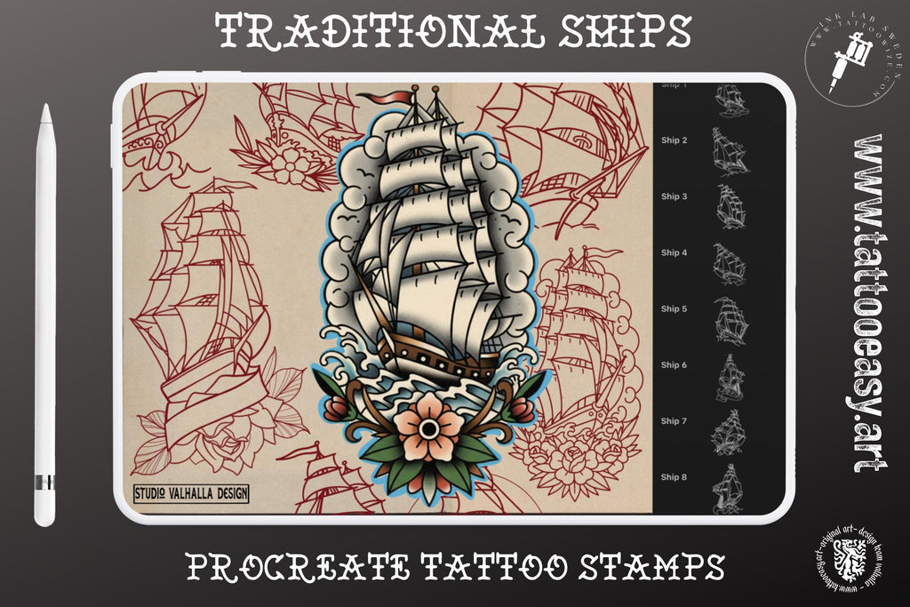 Traditional Tattoo Stencils - 100 files | Procreate Stamp Brushes PNG EPS SVG