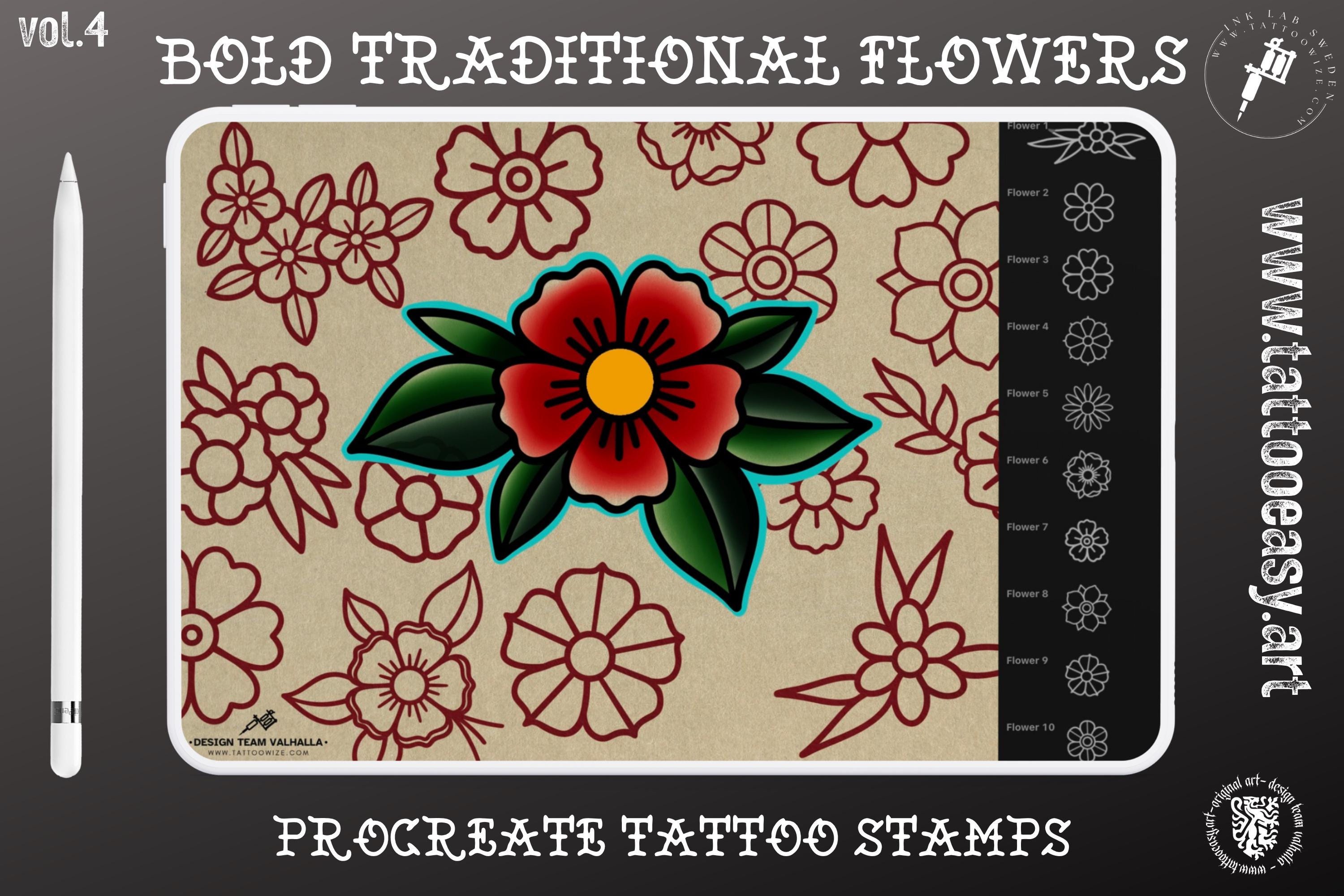 Bold Traditional Tattoo Flowers, Procreate Stamps, SVG, PNG, EPS