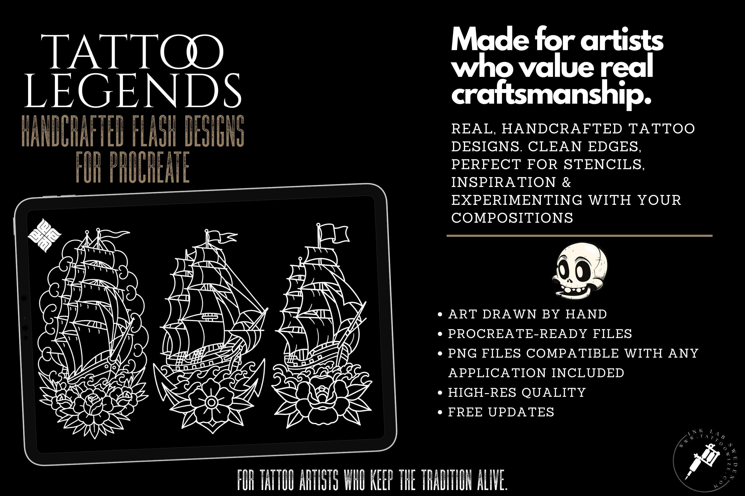 Traditional Tattoo Flash Procreate Stamps: Old School Designs PNG & Brushes