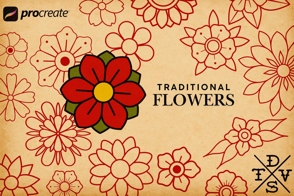 Traditional Flowers | 65 flowers – Procreate Stamps | Old School