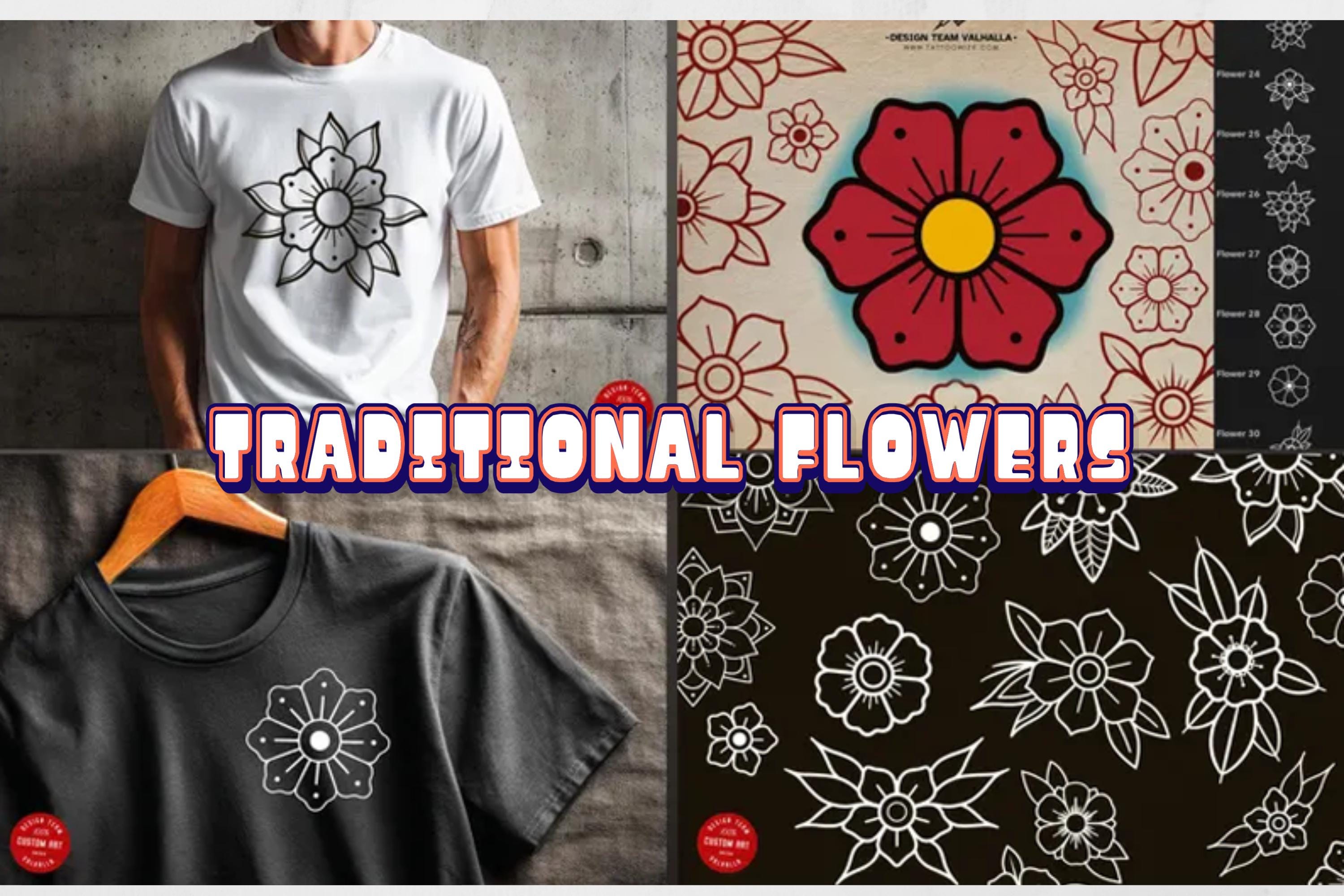 Traditional Flowers | 65 flowers – Procreate Stamps | Old School