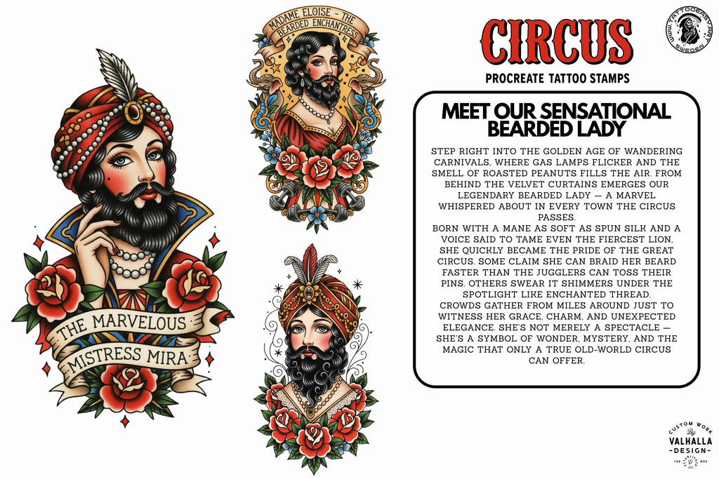 Procreate, png & PDF Tattoo Stamp Brushes, The Circus (100+ Designs) - (Digital Download)