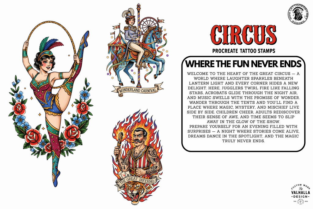 Procreate, png & PDF Tattoo Stamp Brushes, The Circus (100+ Designs) - (Digital Download)