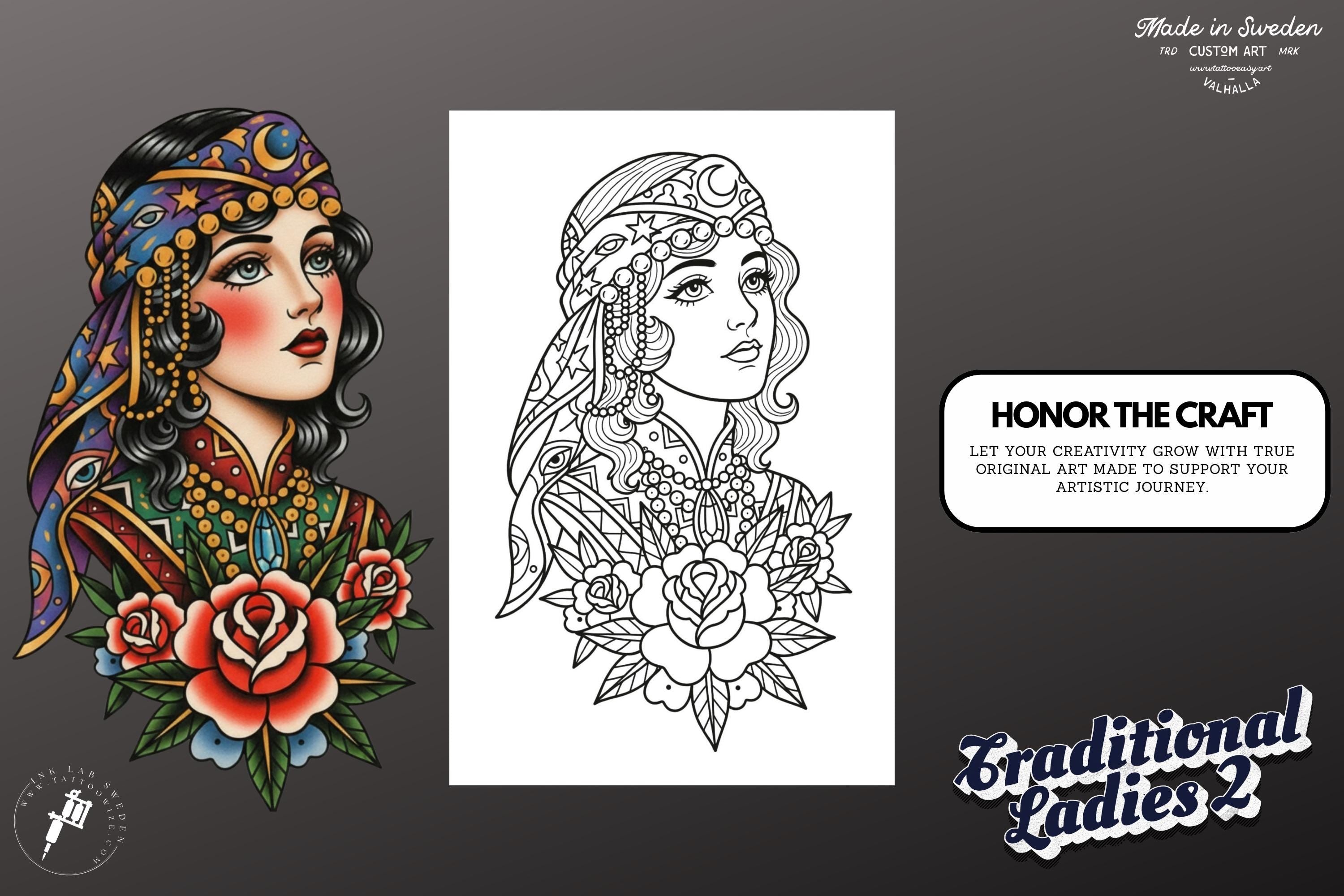 Procreate Tattoo Stamp Brushes, Traditional ladies vol.2 ~ 70 designs