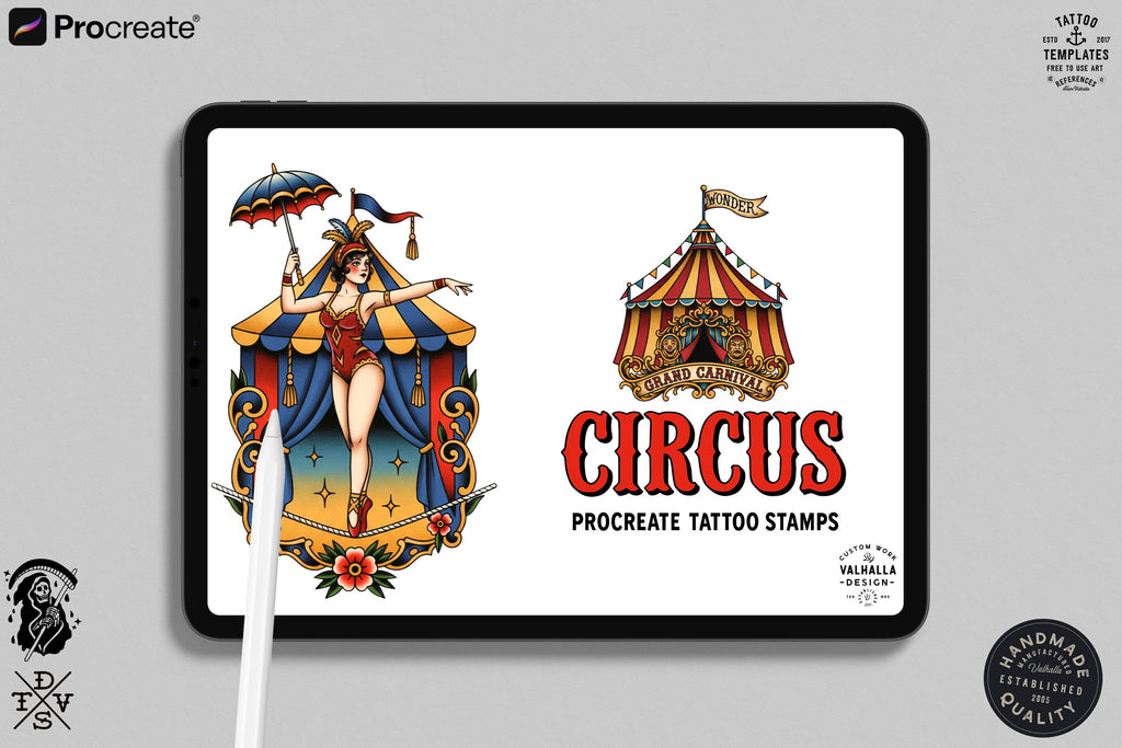 Procreate, png & PDF Tattoo Stamp Brushes, The Circus (100+ Designs) - (Digital Download)