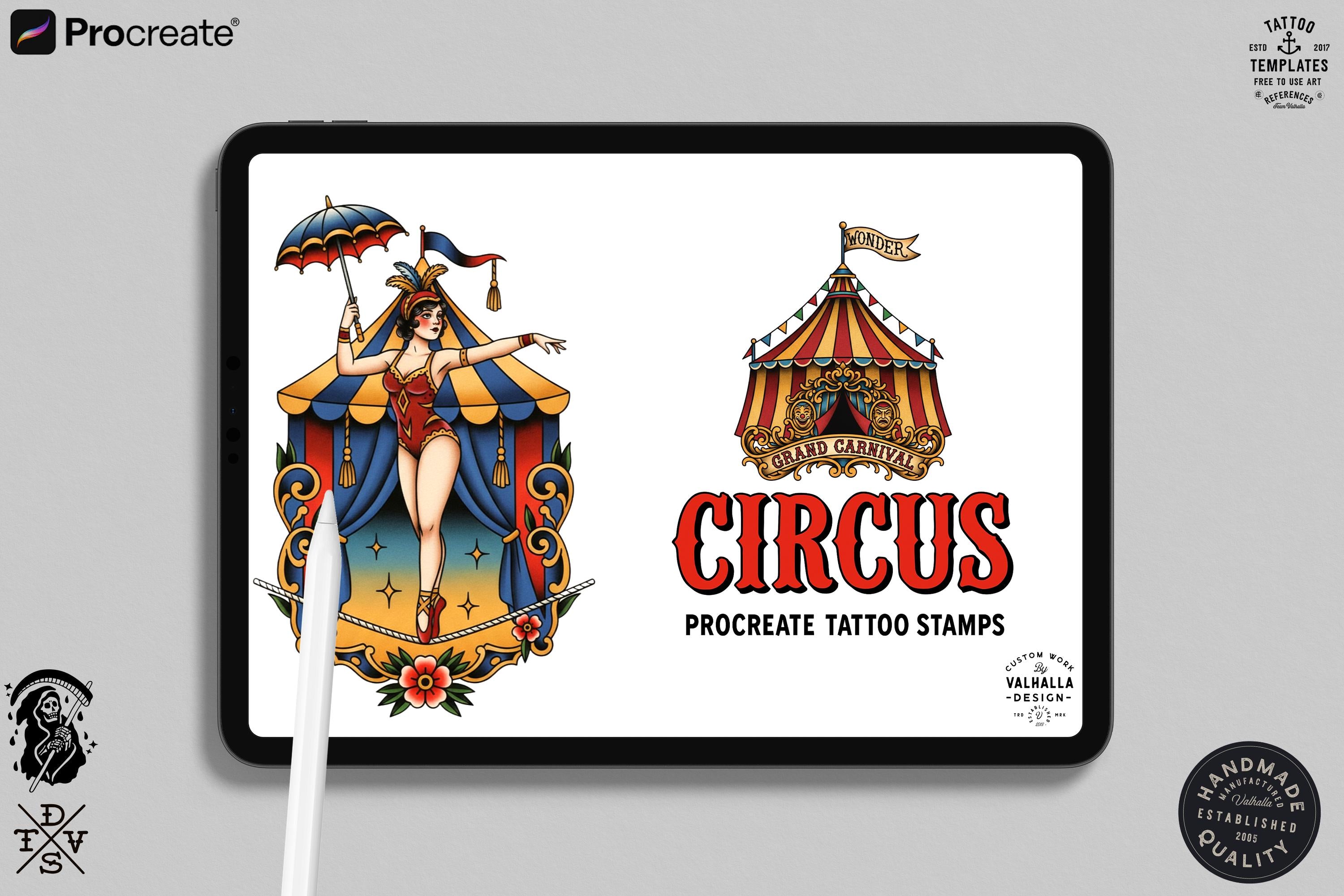 Procreate, png & PDF Tattoo Stamp Brushes, The Circus (100+ Designs) - (Digital Download)