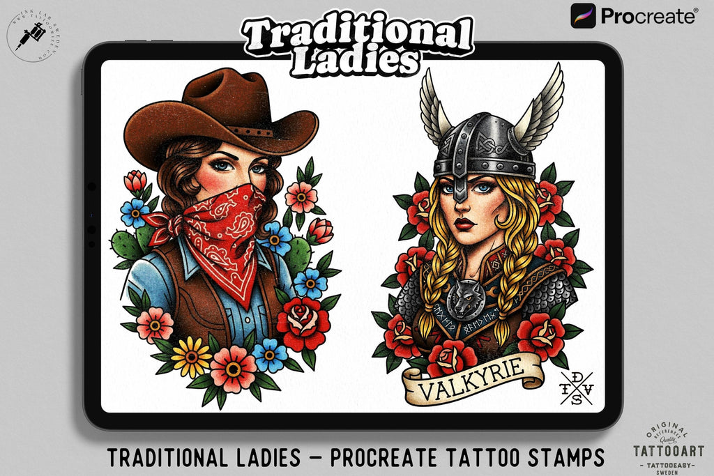 Procreate, Traditional Ladies vol.4 & vol.5 ~ 50+ custom designs made in Sweden - original art
