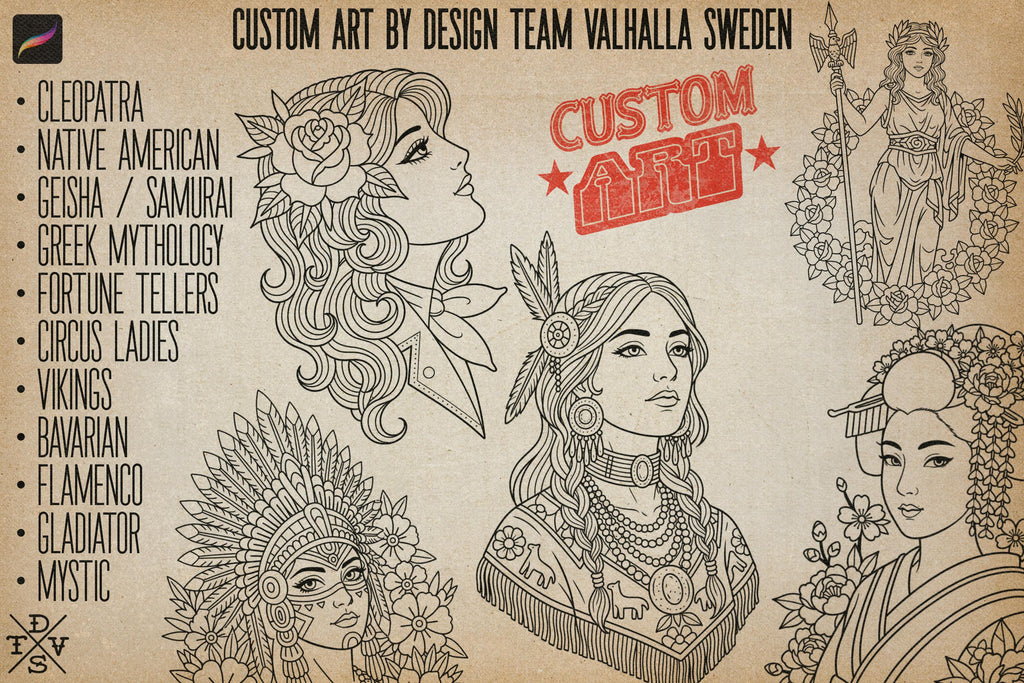 Procreate Tattoo Stamp Brushes, Traditional ladies vol.2 ~ 70 designs