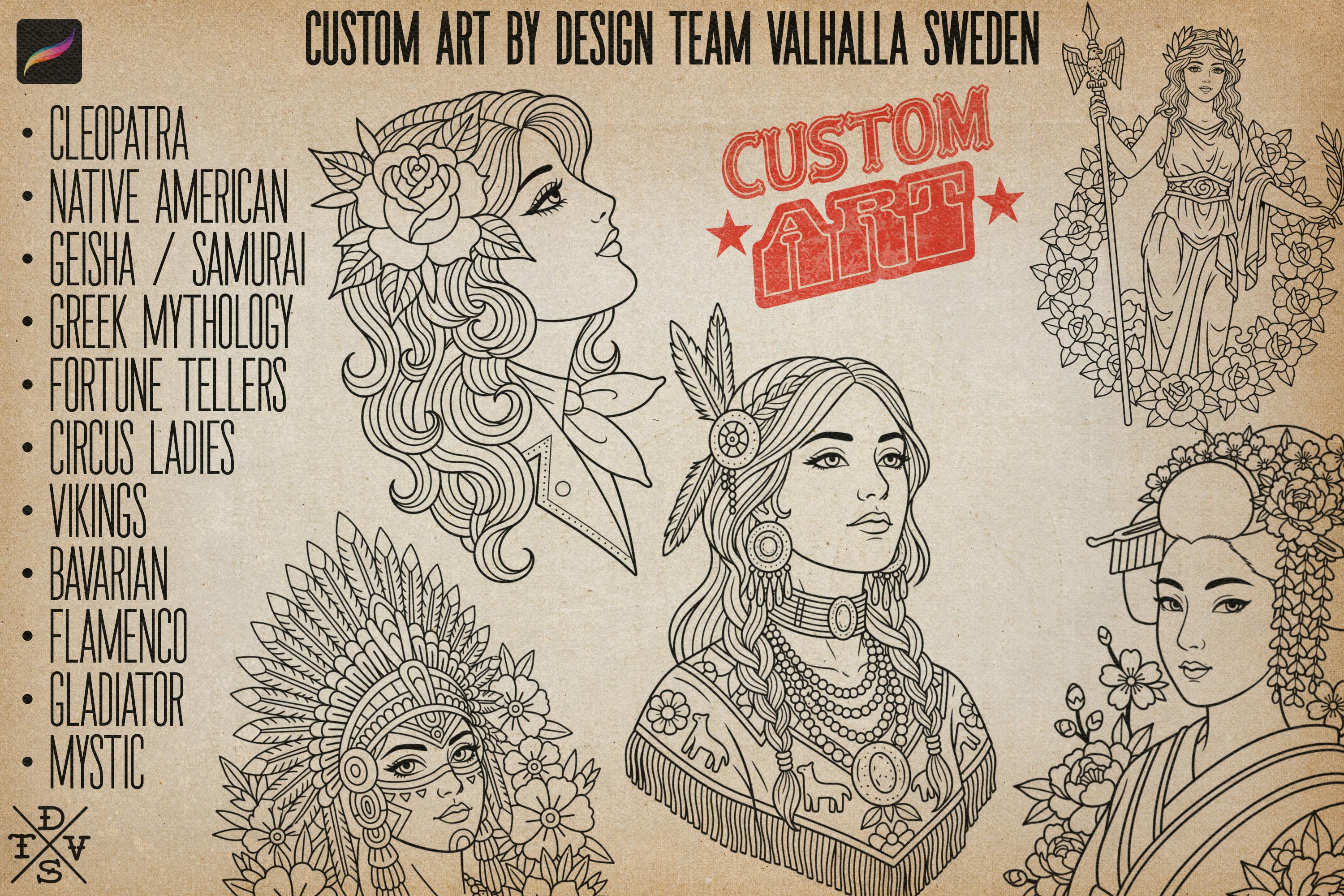 Procreate Tattoo Stamp Brushes, Traditional ladies vol.2 ~ 70 designs