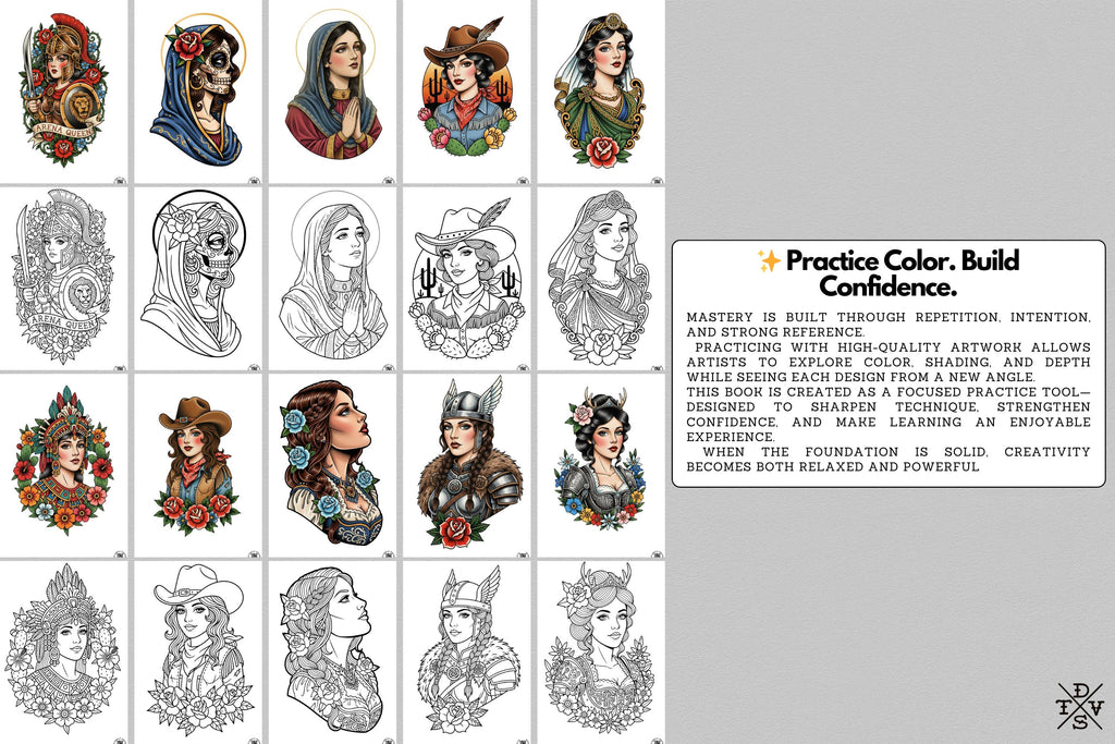 PDF, Tattoo Flash–Based Coloring Exercises vol.1 (Digital Download) 100 pages