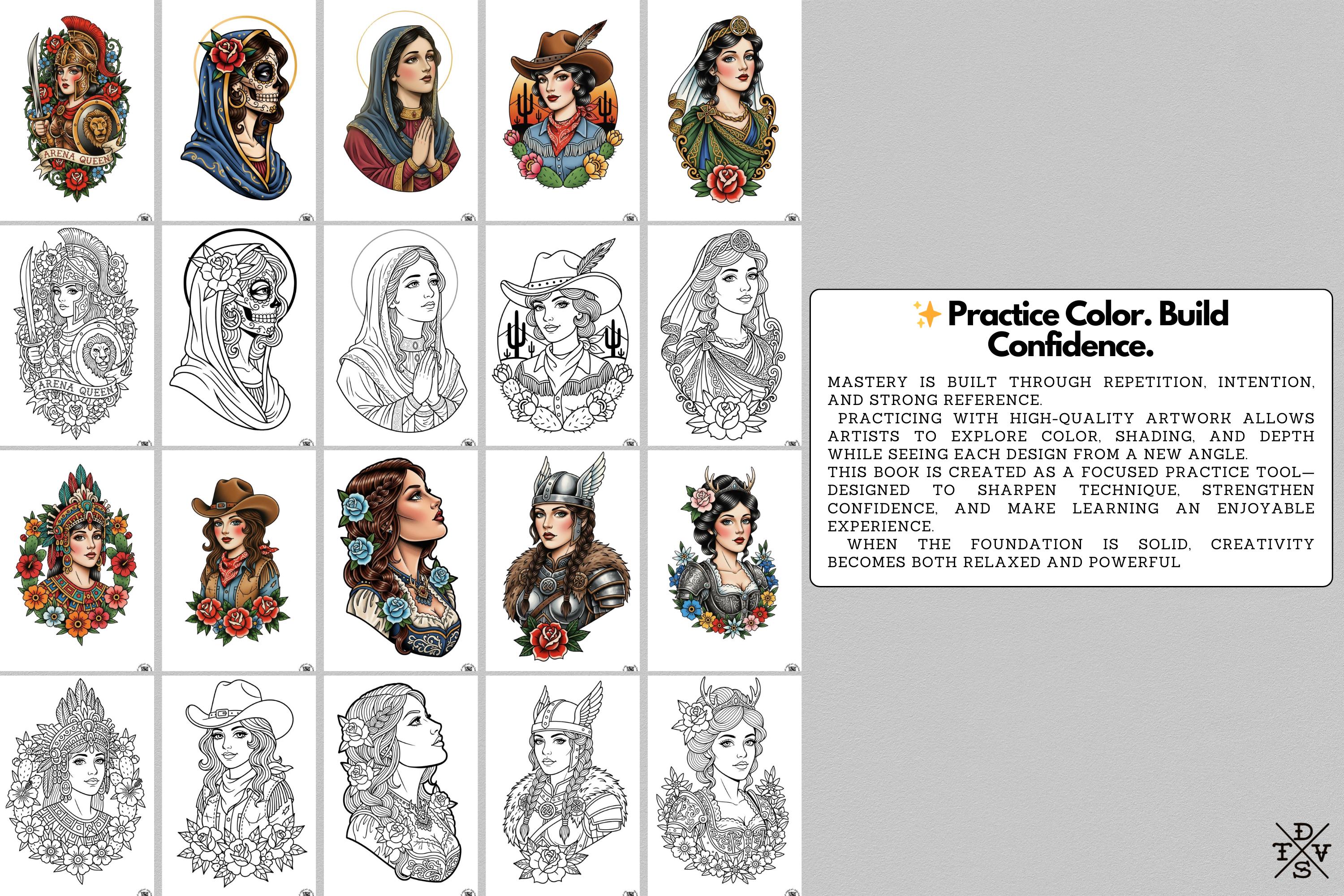 PDF, Tattoo Flash–Based Coloring Exercises vol.1 (Digital Download) 100 pages