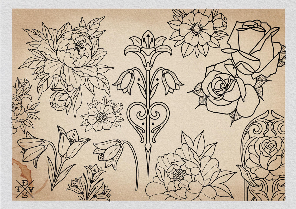 Neo-traditional flowers vol.2 - 100+ custom designs, digital download Procreate/Photoshop Stencils
