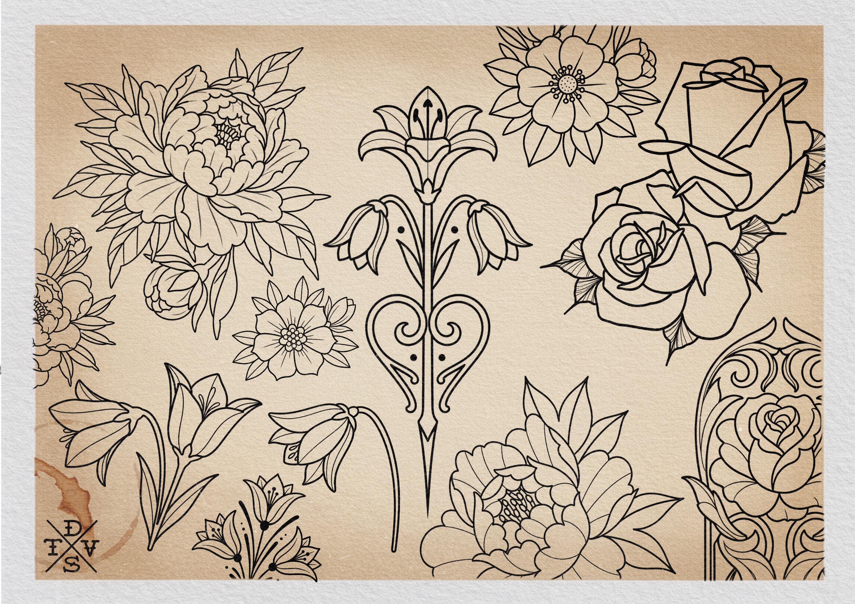 Neo-traditional flowers vol.2 - 100+ custom designs, digital download Procreate/Photoshop Stencils
