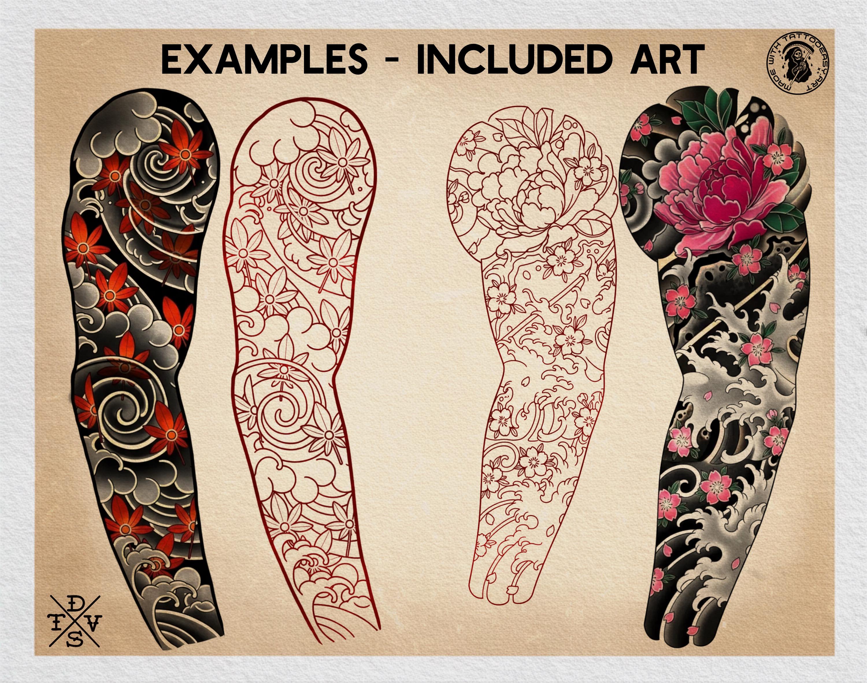 Procreate Japanese Traditional Tattoo Designs (Sleeves, flowers & Chest)
