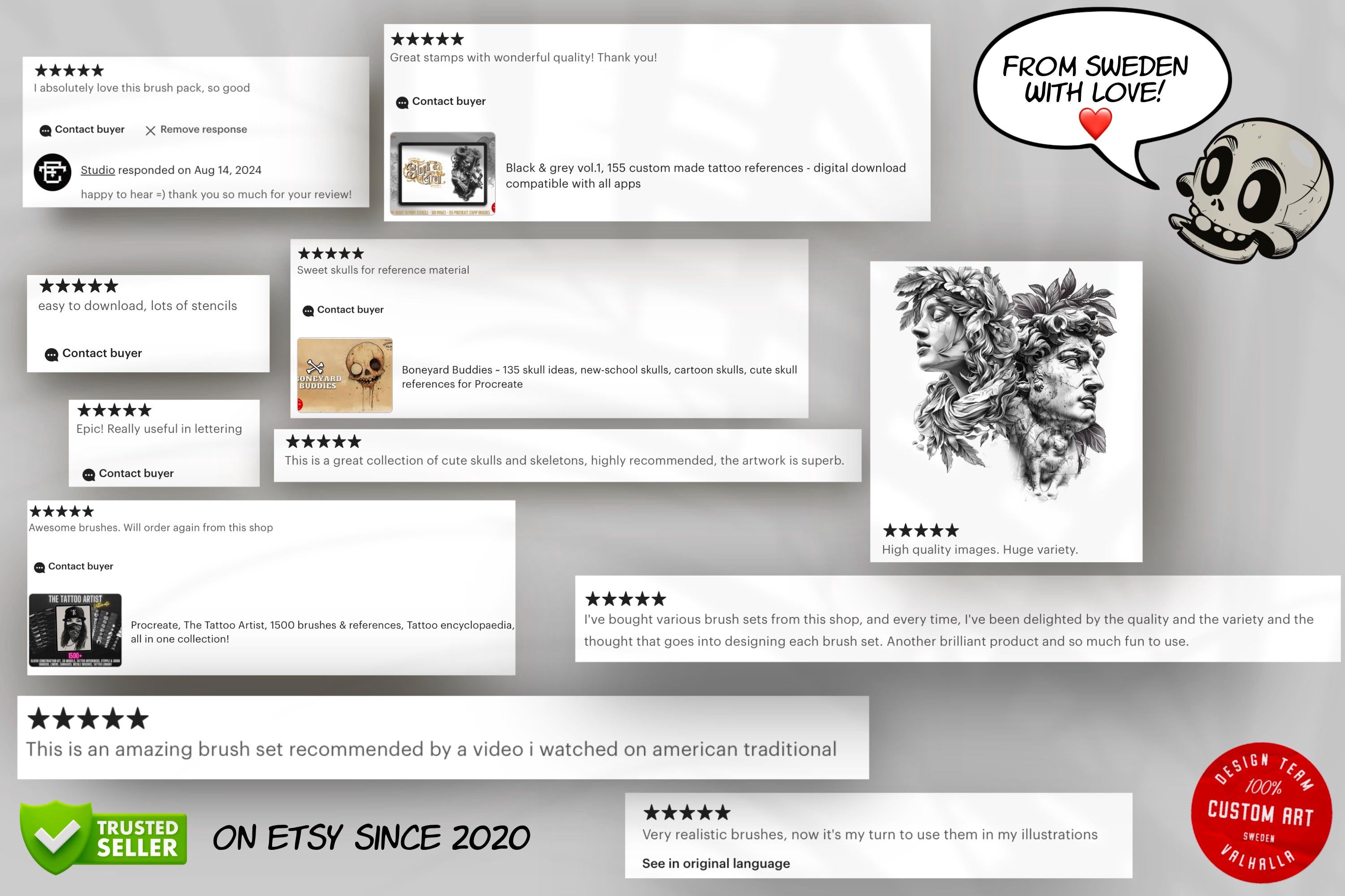 Neo-Traditional Tattoo References, Procreate Stamps & Flash Art, Procreate/Photoshop 300+