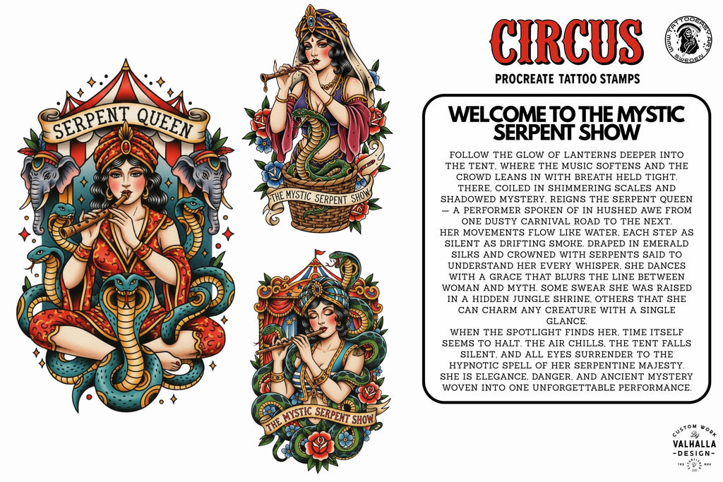 Procreate, png & PDF Tattoo Stamp Brushes, The Circus (100+ Designs) - (Digital Download)