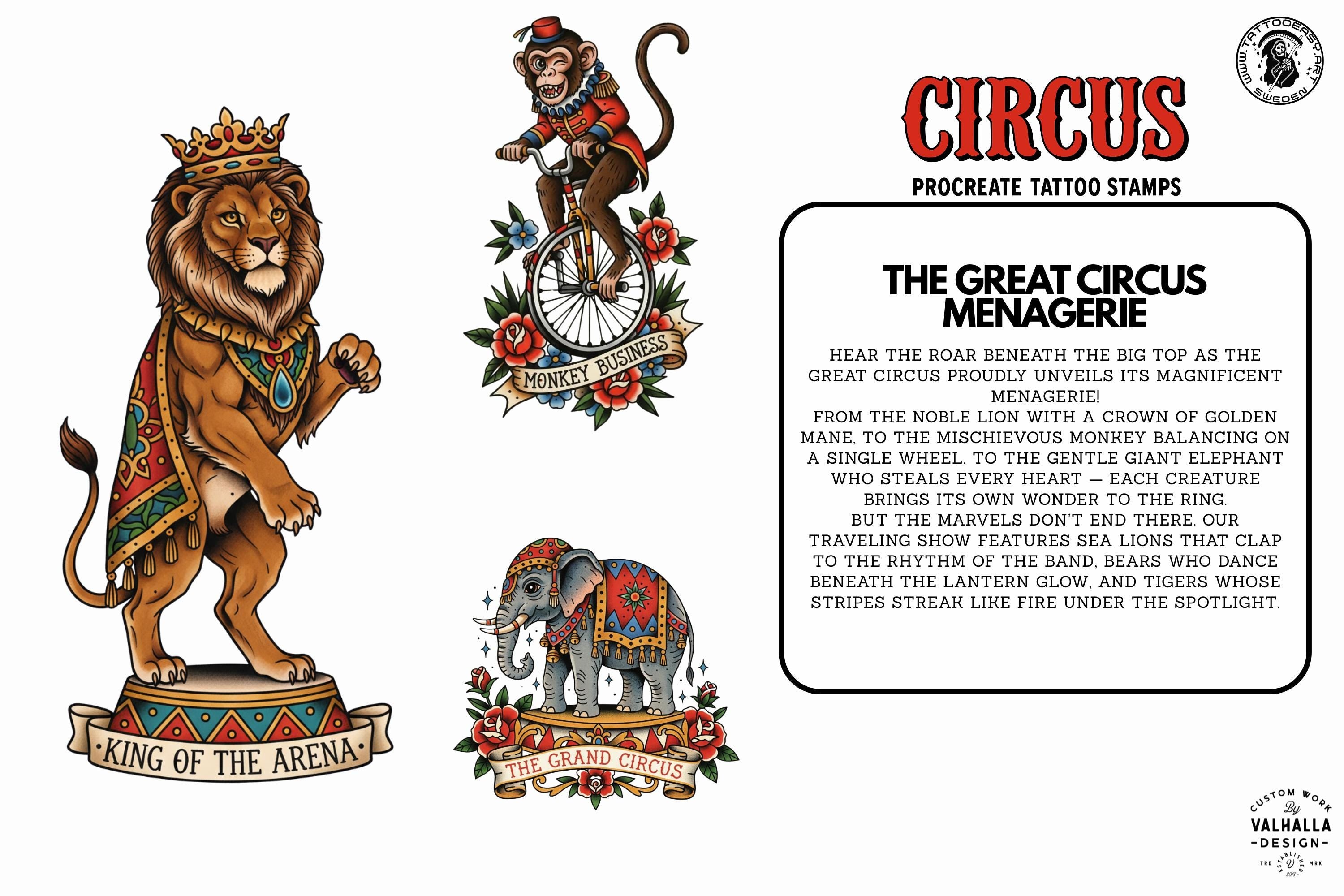 Procreate, png & PDF Tattoo Stamp Brushes, The Circus (100+ Designs) - (Digital Download)