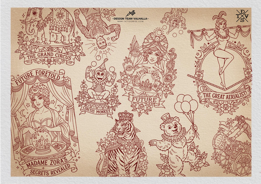 Procreate, png & PDF Tattoo Stamp Brushes, The Circus (100+ Designs) - (Digital Download)