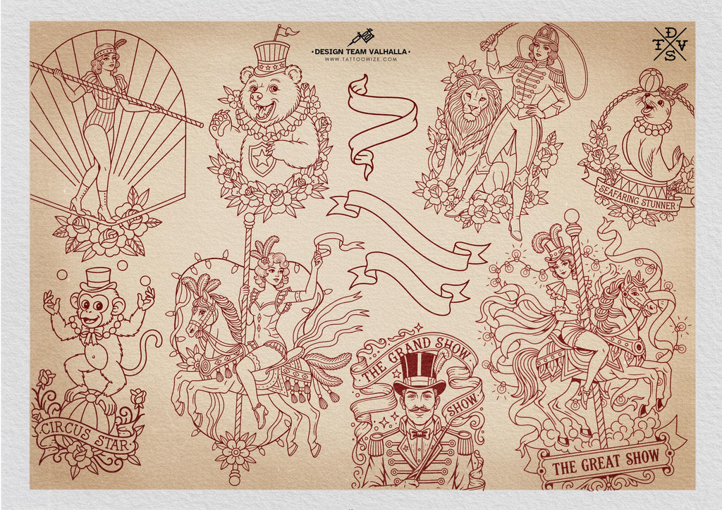 Procreate, png & PDF Tattoo Stamp Brushes, The Circus (100+ Designs) - (Digital Download)