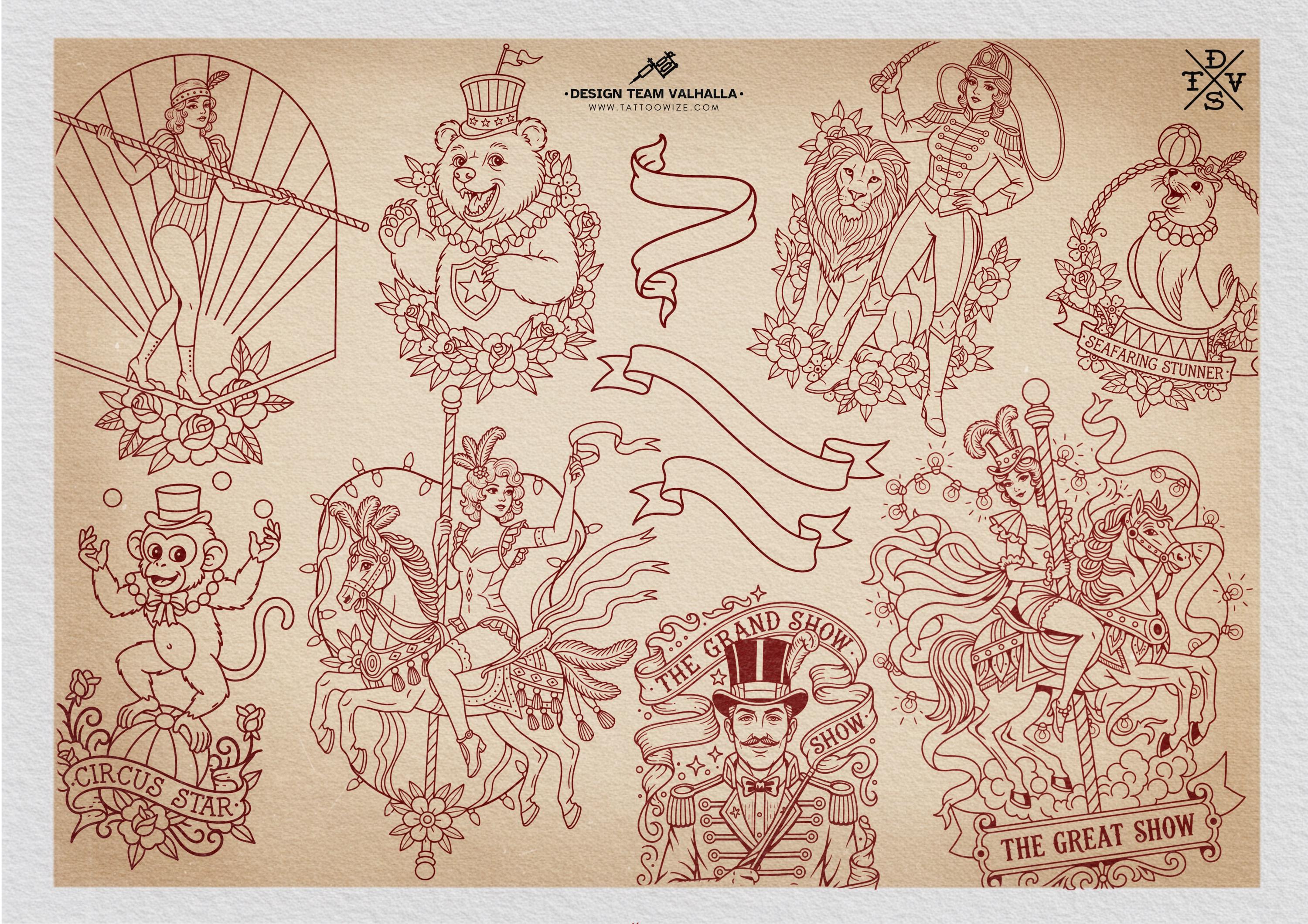 Procreate, png & PDF Tattoo Stamp Brushes, The Circus (100+ Designs) - (Digital Download)