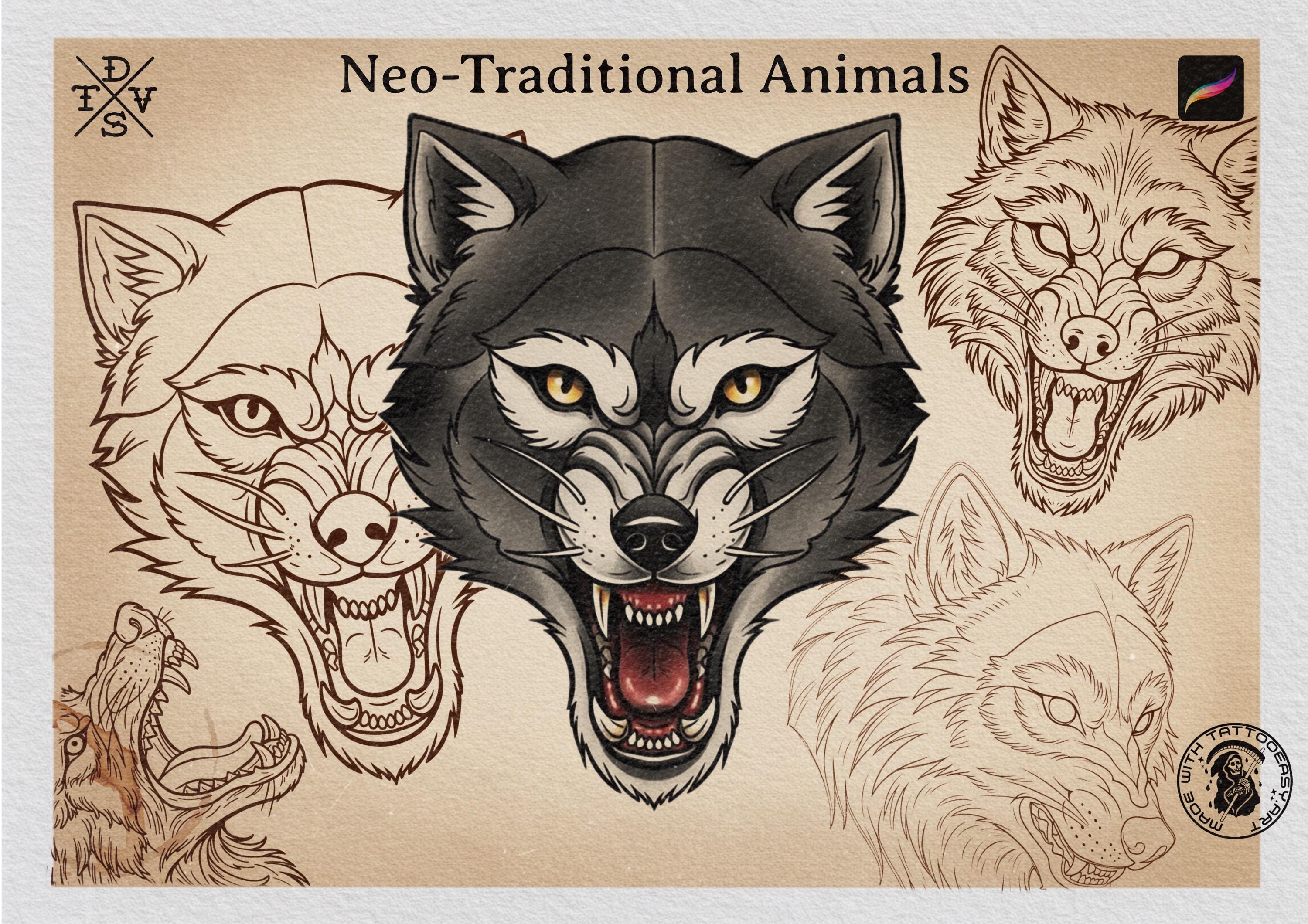 Neo Traditional Animal Tattoo Design Reference Kit, Procreate Brushset & PNG, Flash Stamps for Artists