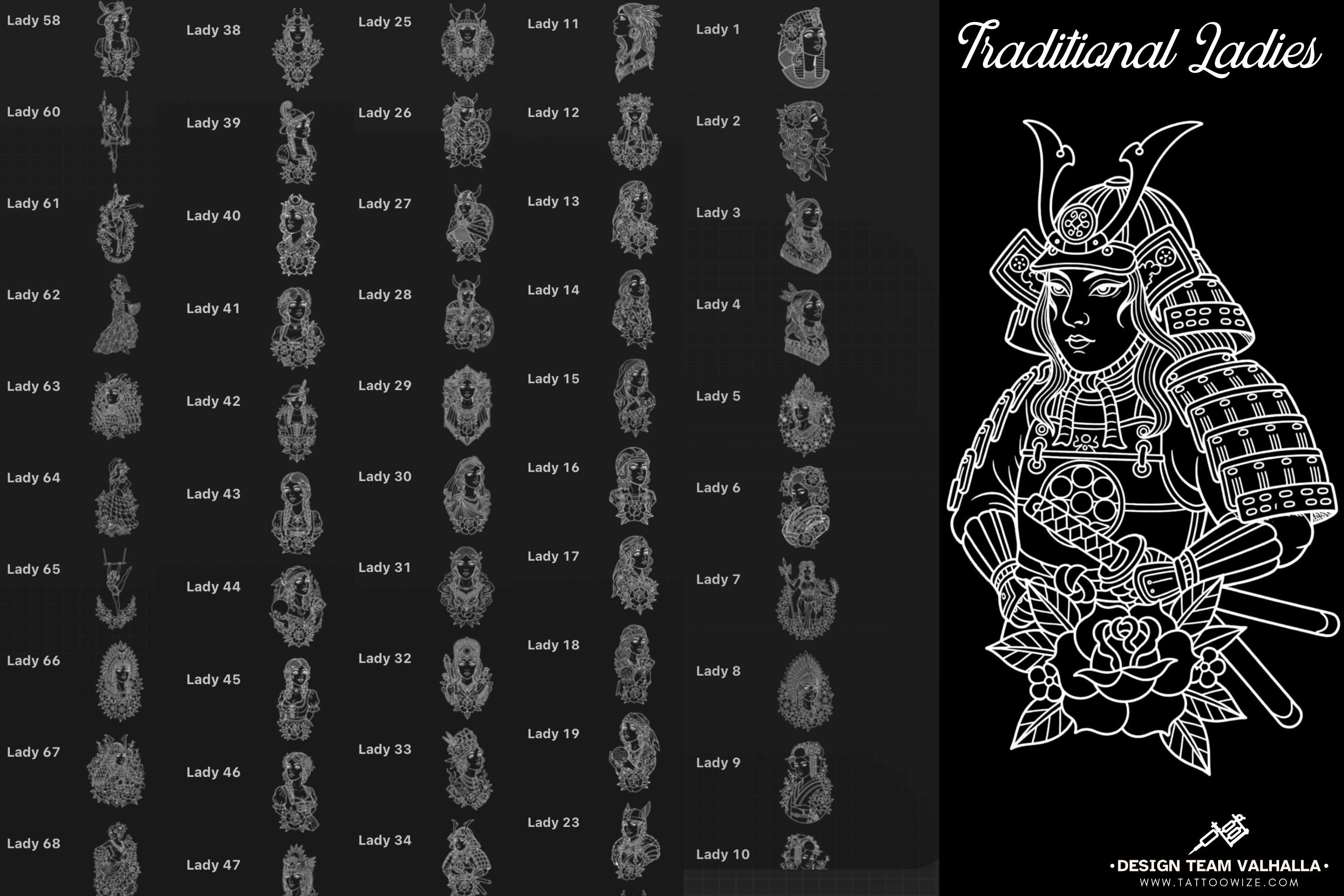 Procreate Tattoo Stamp Brushes, Traditional ladies vol.2 ~ 70 designs