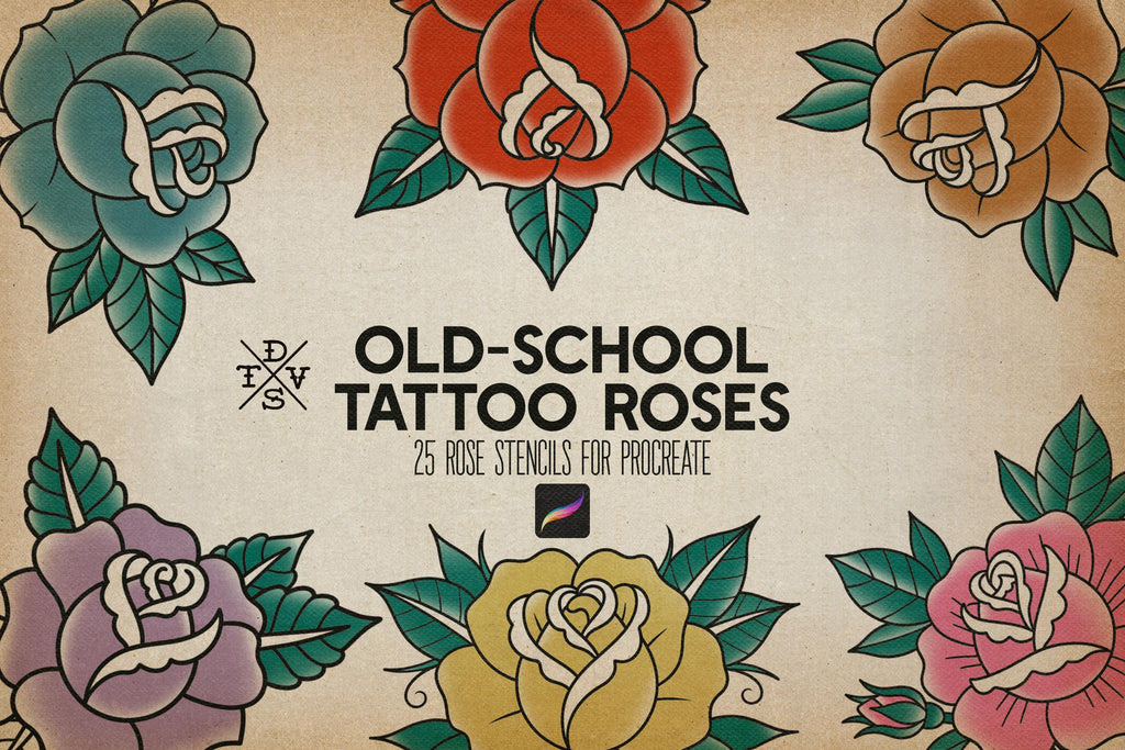 Traditional Tattoo Roses, 42 custom Procreate Stamps, artists reference library