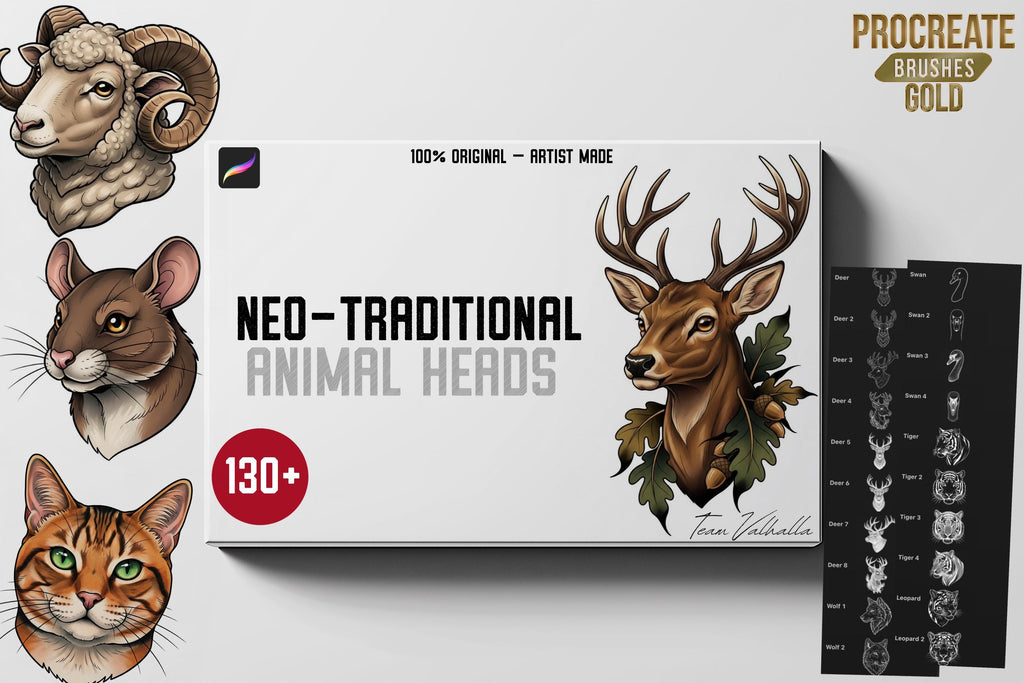 Neo Traditional Animal Tattoo Design Reference Kit, Procreate Brushset & PNG, Flash Stamps for Artists