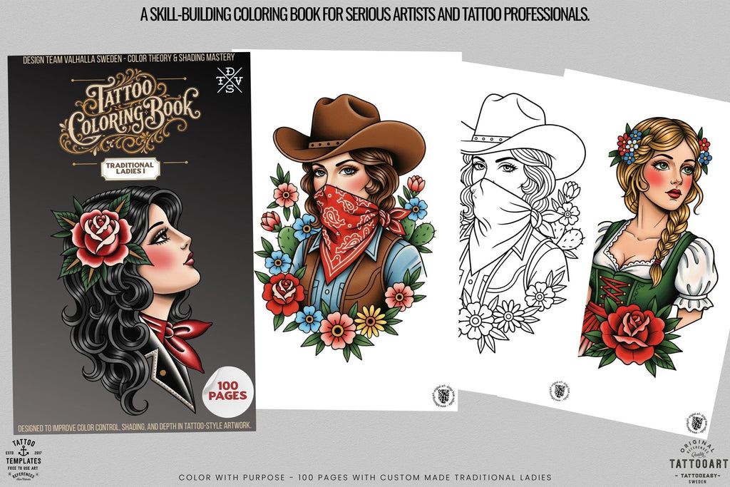 PDF, Tattoo Flash–Based Coloring Exercises vol.1 (Digital Download) 100 pages