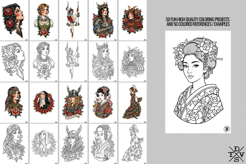 PDF, Tattoo Flash–Based Coloring Exercises vol.1 (Digital Download) 100 pages