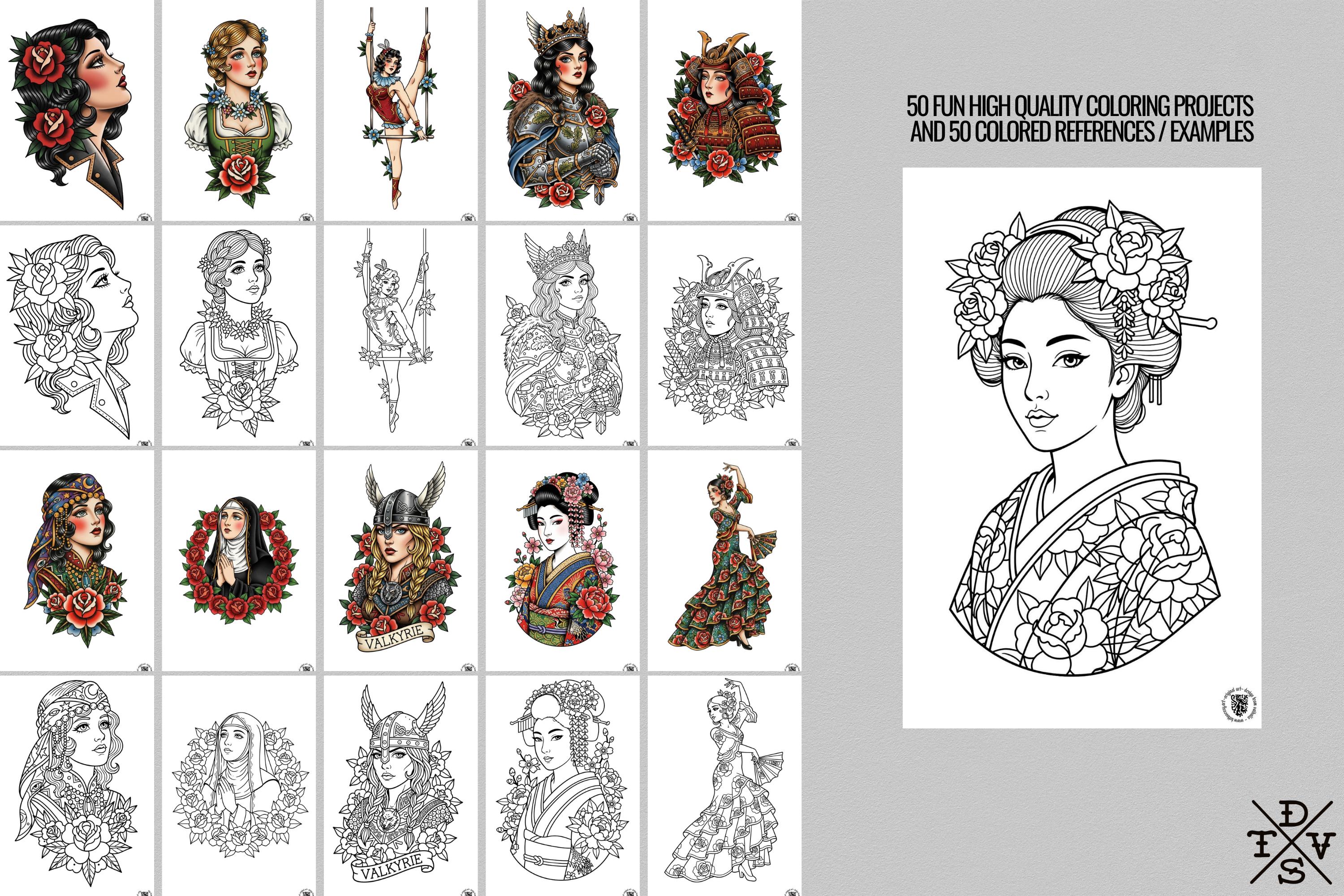 PDF, Tattoo Flash–Based Coloring Exercises vol.1 (Digital Download) 100 pages