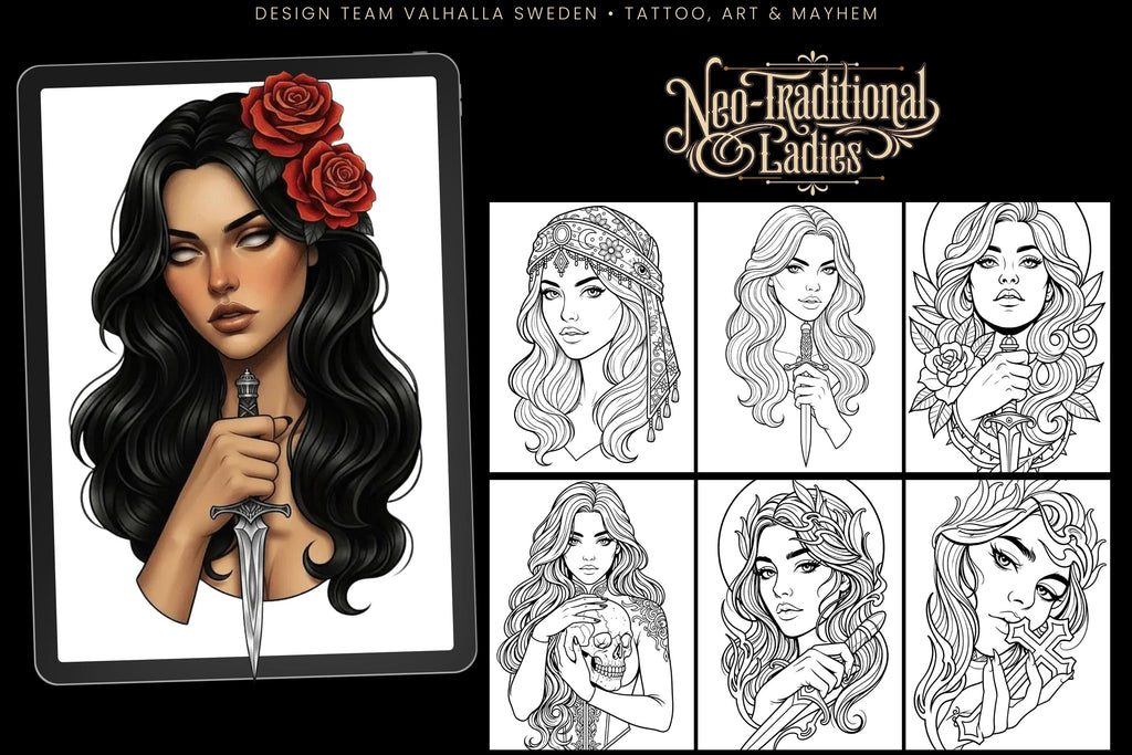 Neo-Traditional Tattoo References, Procreate Stamps & Flash Art, Procreate/Photoshop 300+