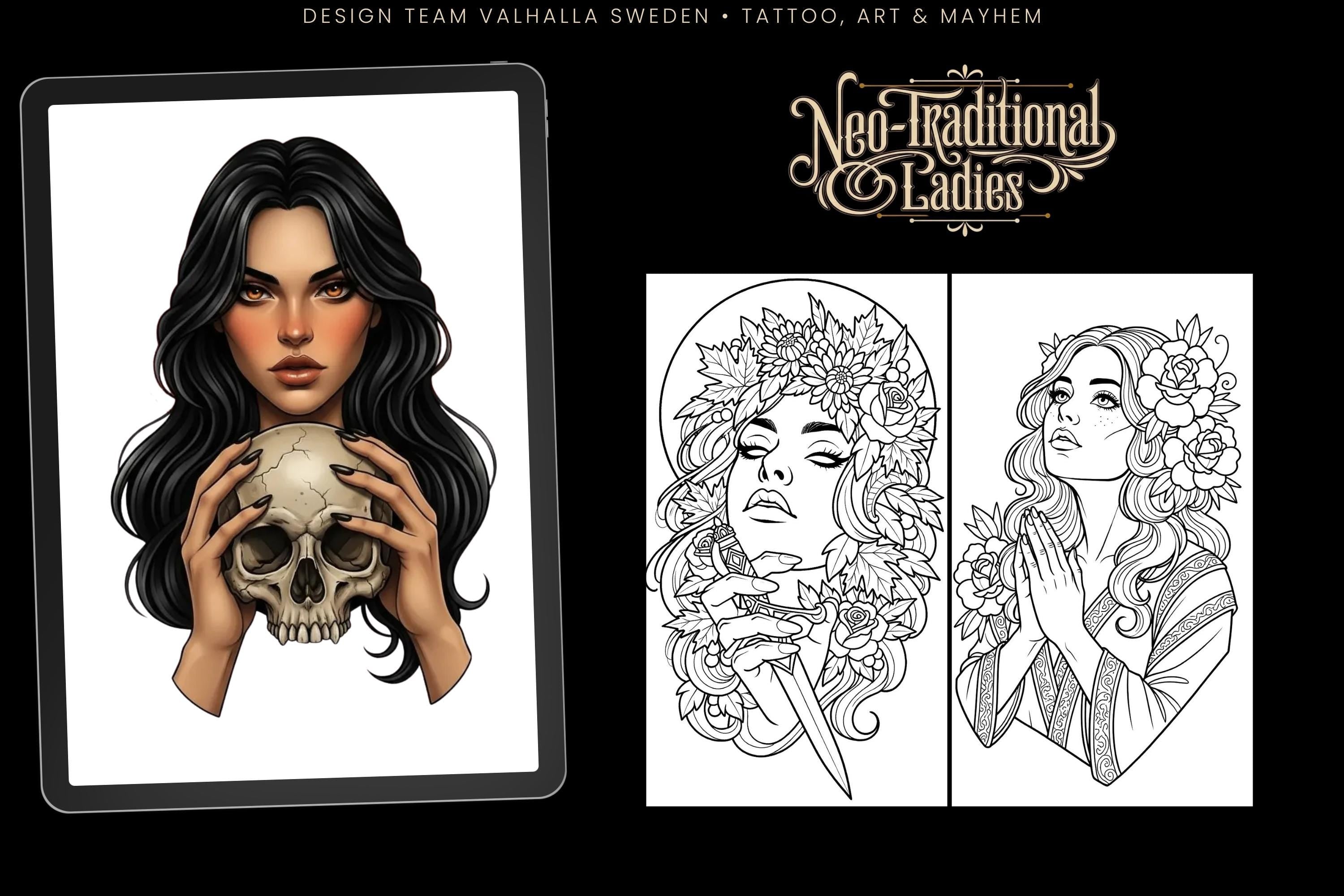 Neo-Traditional Tattoo References, Procreate Stamps & Flash Art, Procreate/Photoshop 300+