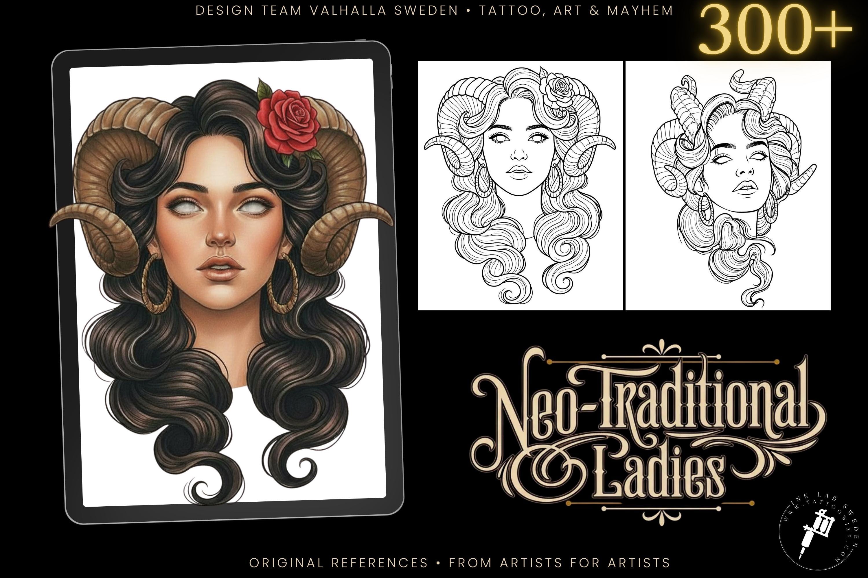 Neo-Traditional Tattoo References, Procreate Stamps & Flash Art, Procreate/Photoshop 300+
