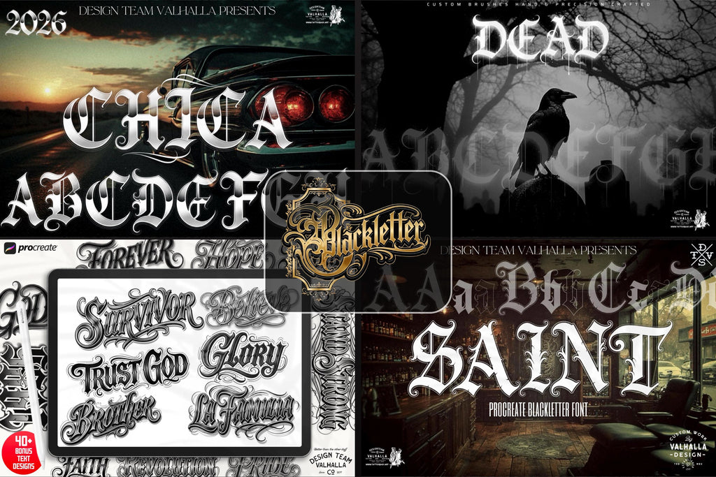Blackletter Procreate Stamp Brushes | Gothic Tattoo Lettering Design Kit