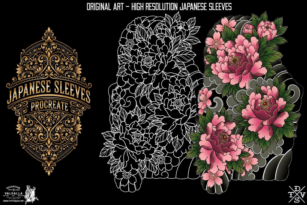 Procreate Japanese Tattoo Sleeves, Flowers, Outlined Stencils (Digital Download