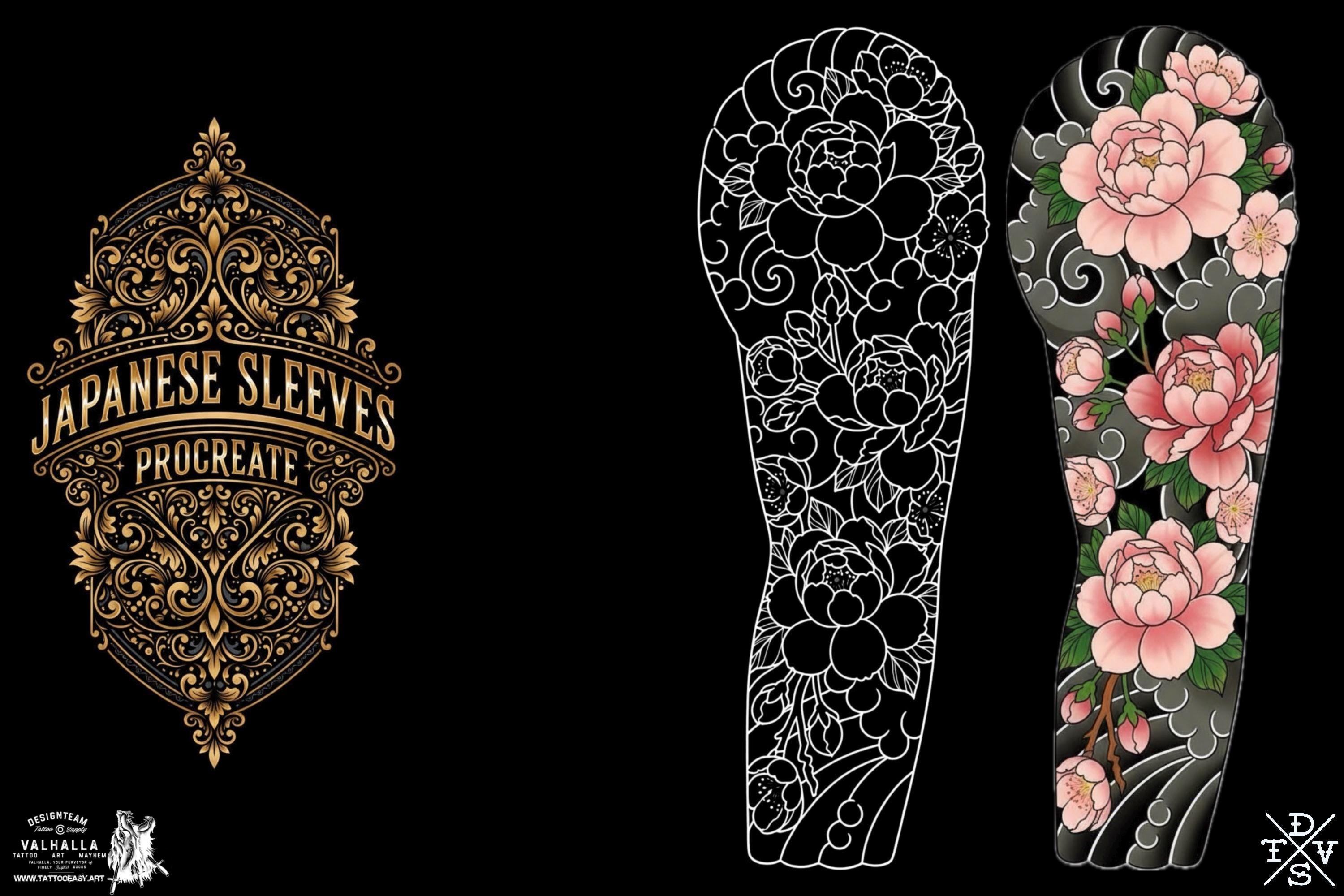 Procreate Japanese Tattoo Sleeves, Flowers, Outlined Stencils (Digital Download