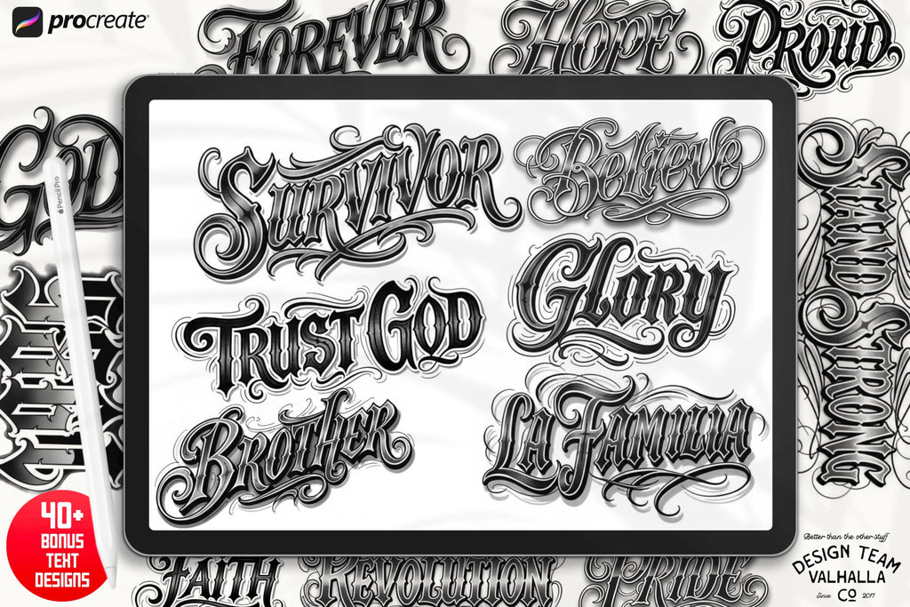 Blackletter Procreate Stamp Brushes | Gothic Tattoo Lettering Design Kit