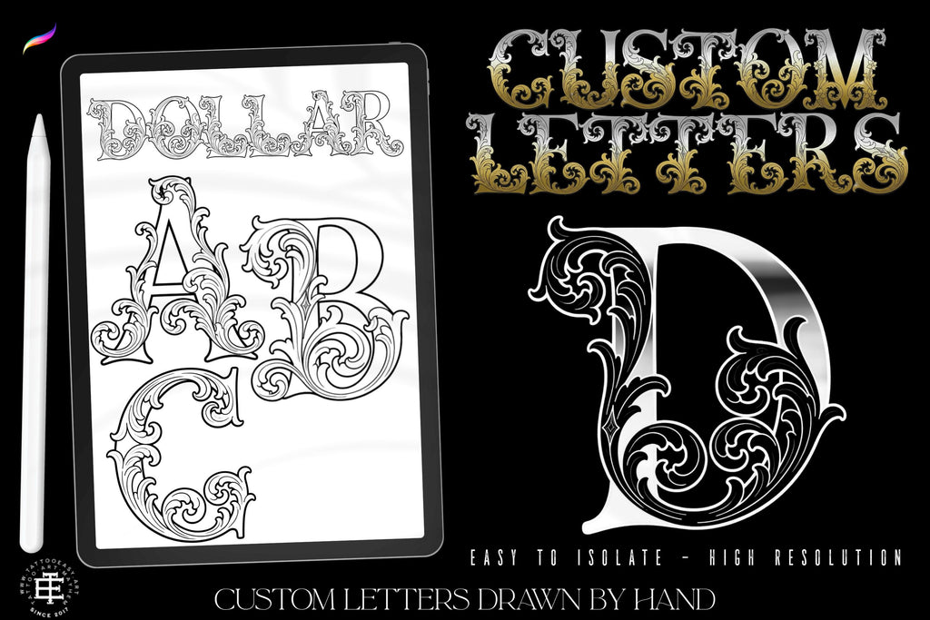 Procreate Tattoo Lettering Kit, Chicano Blackletter Fonts, 1200+ Stamps & Brushes