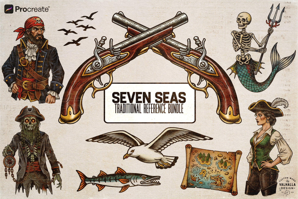 Traditional Nautical Tattoo Design kit - Procreate & PNG | 220+ Classic marine old-school Tattoo stencils