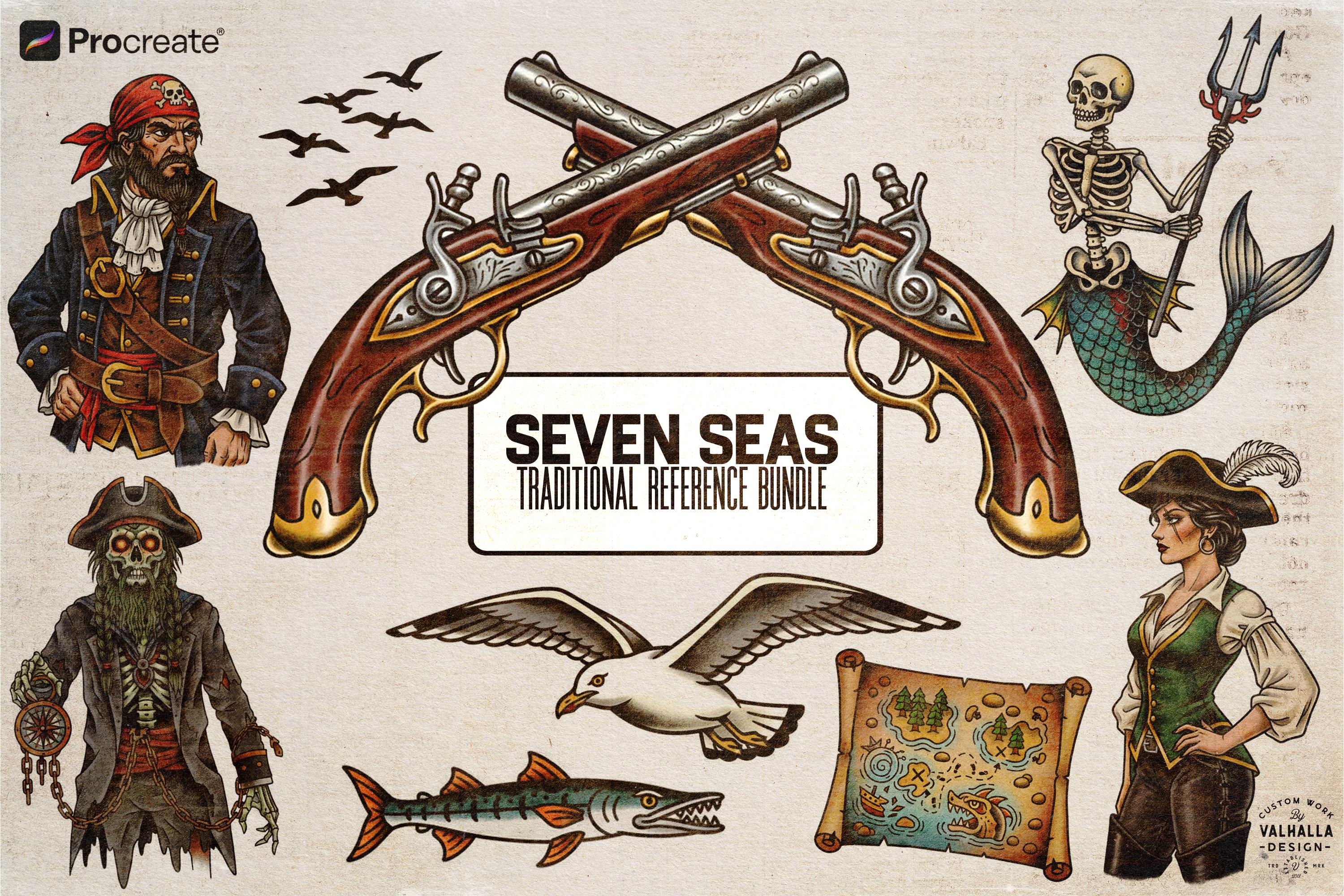 Traditional Nautical Tattoo Design kit - Procreate & PNG | 220+ Classic marine old-school Tattoo stencils