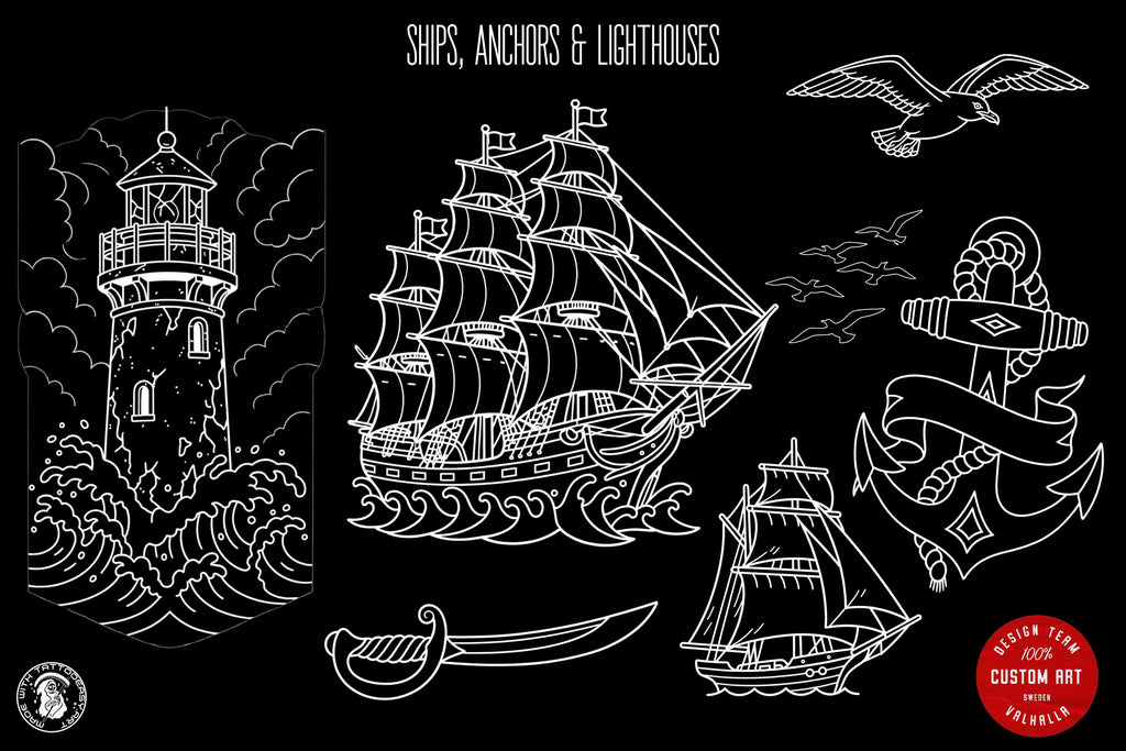 Traditional Nautical Tattoo Design kit - Procreate & PNG | 220+ Classic marine old-school Tattoo stencils