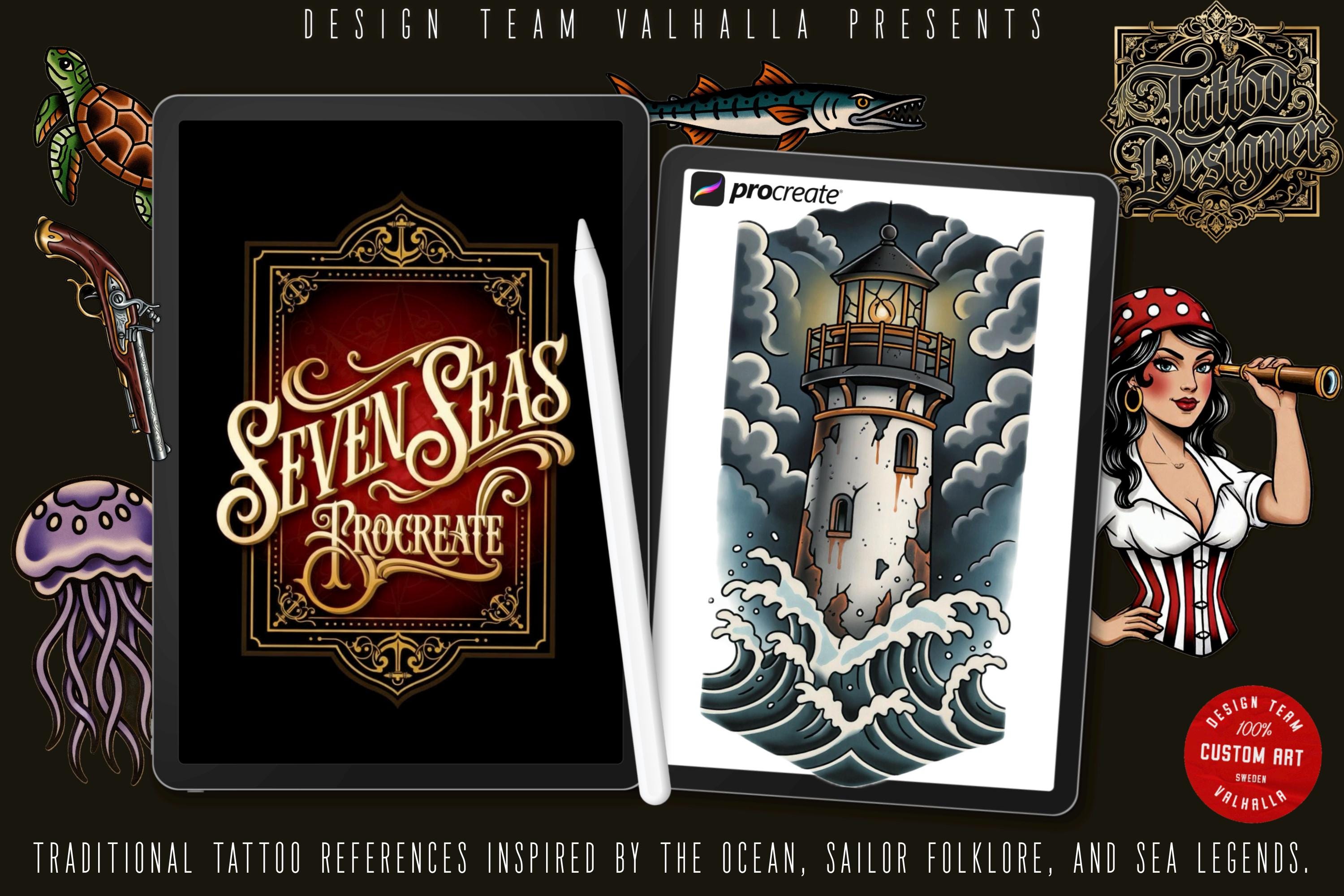 Traditional Nautical Tattoo Design kit - Procreate & PNG | 220+ Classic marine old-school Tattoo stencils