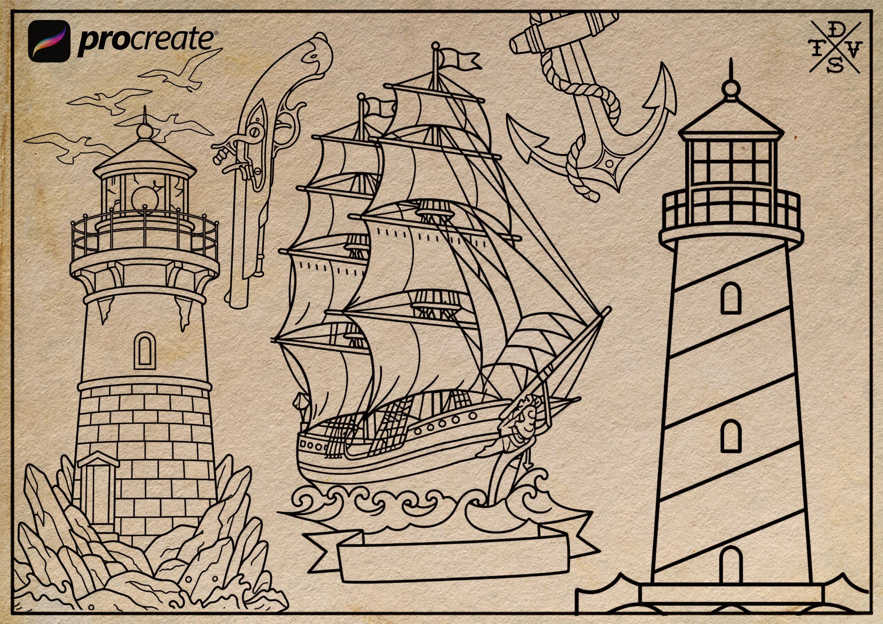 Traditional Nautical Tattoo Design kit - Procreate & PNG | 220+ Classic marine old-school Tattoo stencils