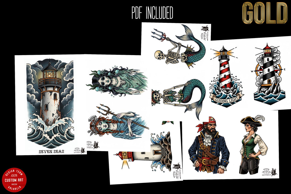 Traditional Nautical Tattoo Design kit - Procreate & PNG | 220+ Classic marine old-school Tattoo stencils