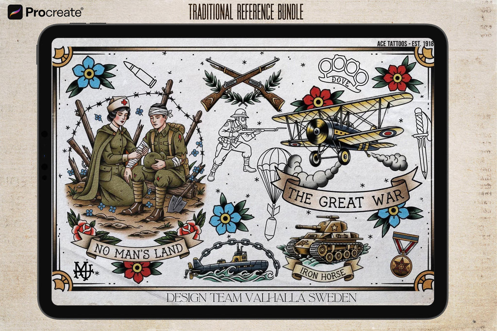 War Tattoo Stencils, 150+ designs, Procreate WW1 Art (Digital Download)