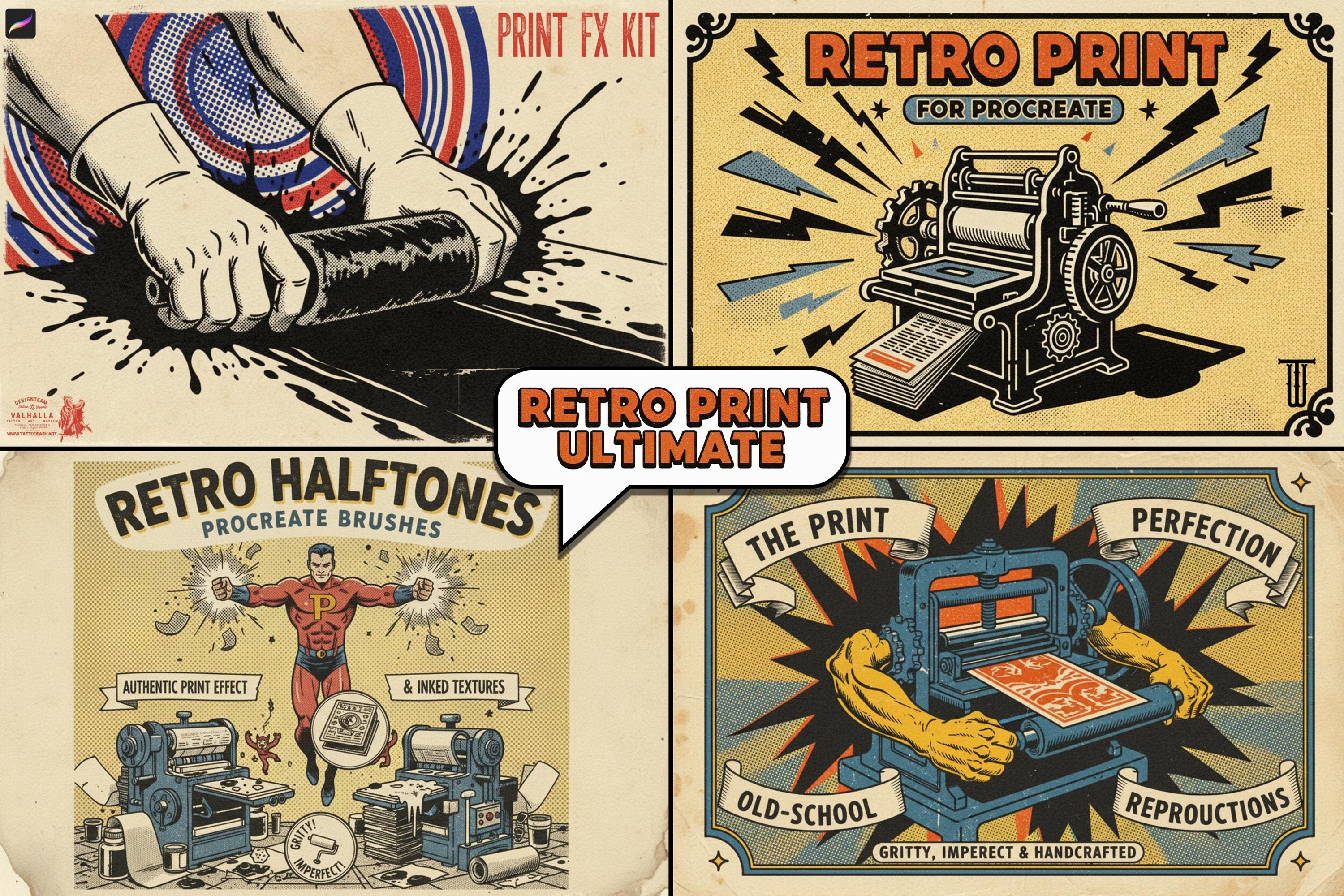 The Retro print kit - 5 Bundles in 1, custom brushes & textures for Procreate