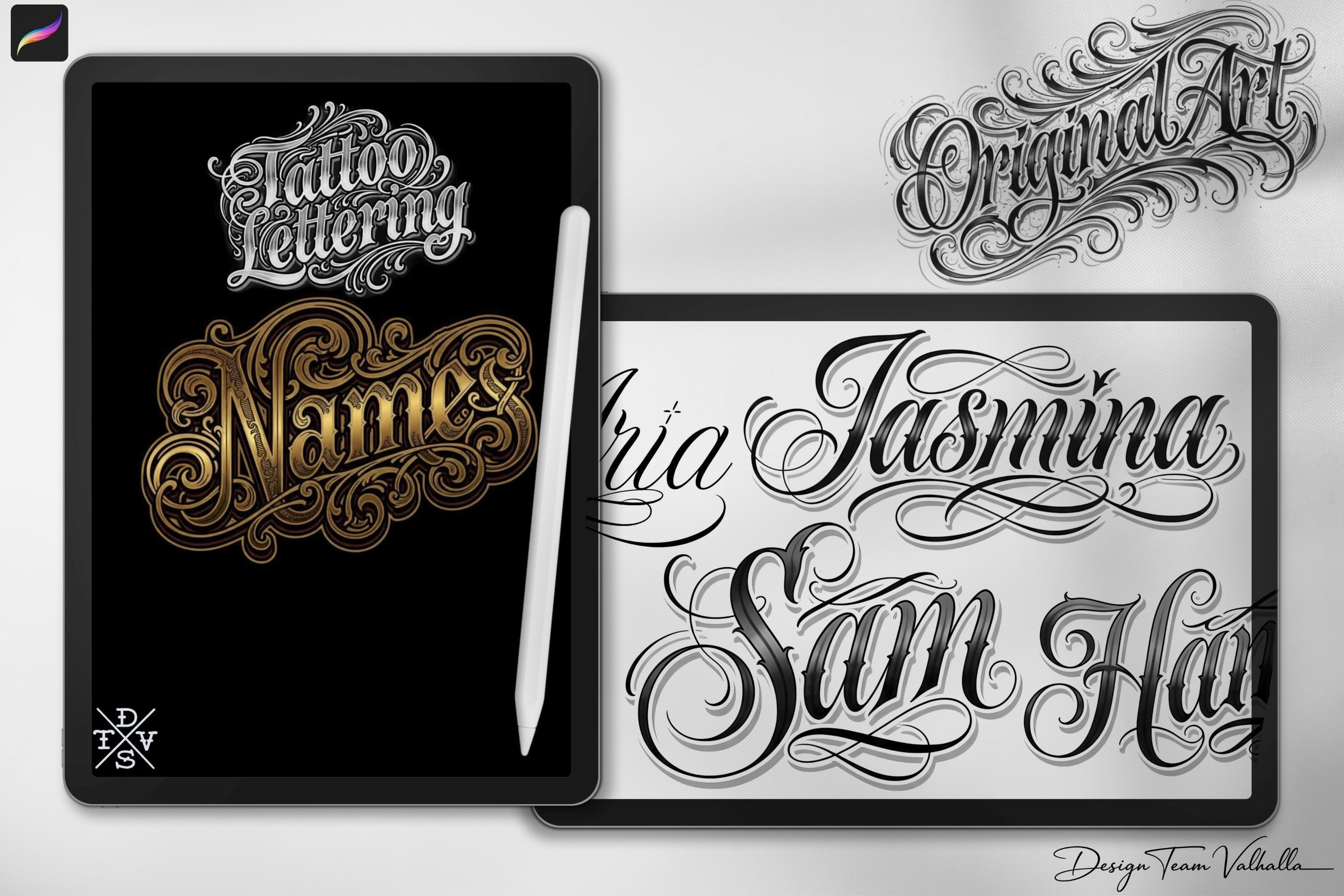 Procreate Tattoo Lettering Kit, Chicano Blackletter Fonts, 1200+ Stamps & Brushes