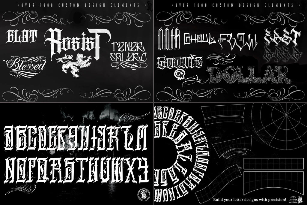 Procreate Tattoo Lettering Kit, Chicano Blackletter Fonts, 1200+ Stamps & Brushes