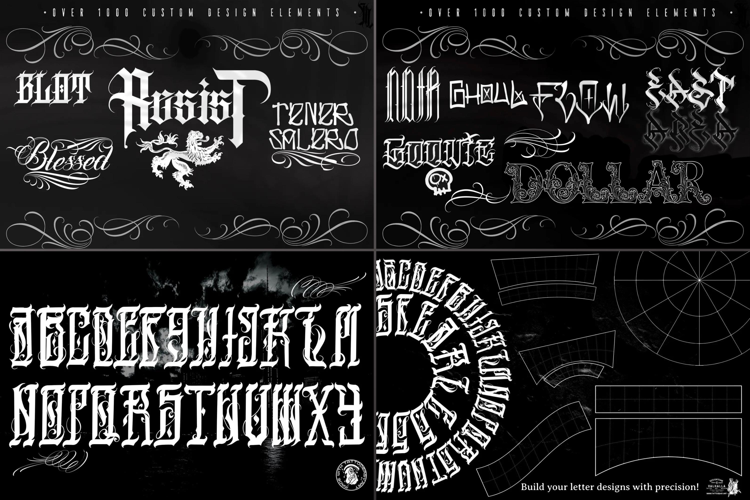 Procreate Tattoo Lettering Kit, Chicano Blackletter Fonts, 1200+ Stamps & Brushes